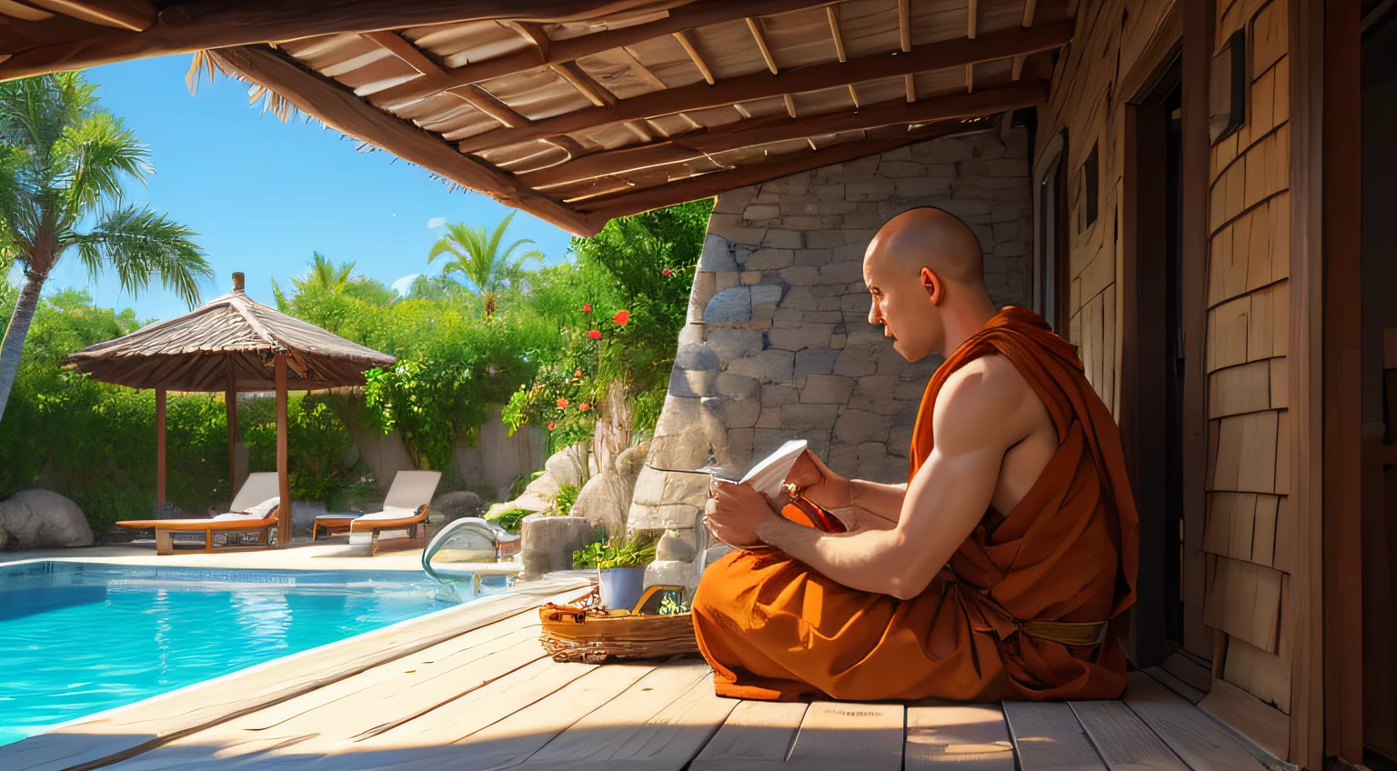 Create a illustration of a monk sitting by a pool in his habitat.