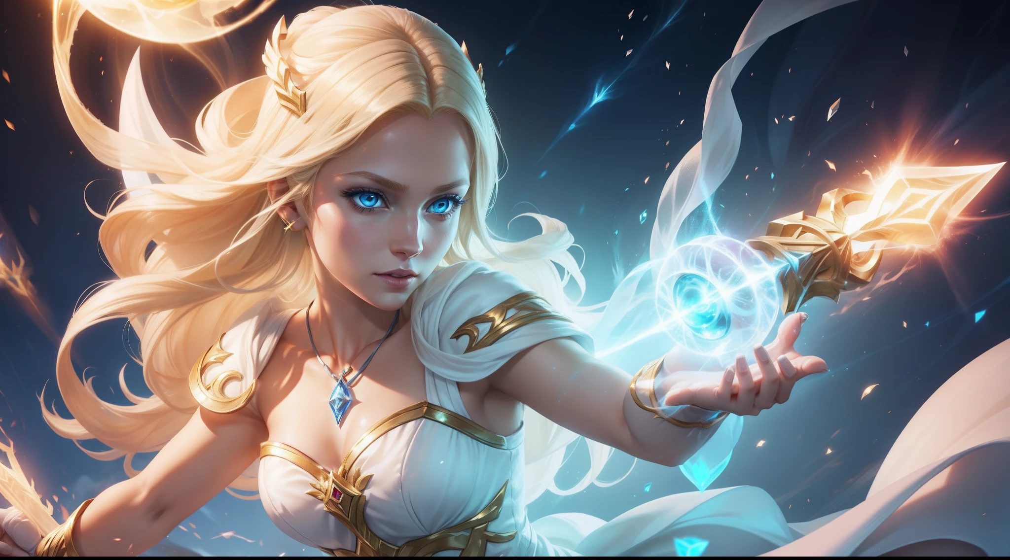 blond hair, blue eyes, fit, white elegantly dressed, scepter shining brightly in her hand, goddess of light, riot games splash art