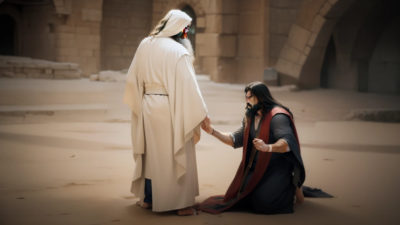 A man with a big beard is kneeling before a man in a robe, Nicodemos, jesus hugging a woman, A cena mais bonita, ele tem um tesouro com ele, jesus of nazareth, Greg Olsen, 'he knows what you did ', cena do filme live action, Jesus, bela cena, sem palavras 4 k, O Senhor e Salvador, he is greeting you warmly