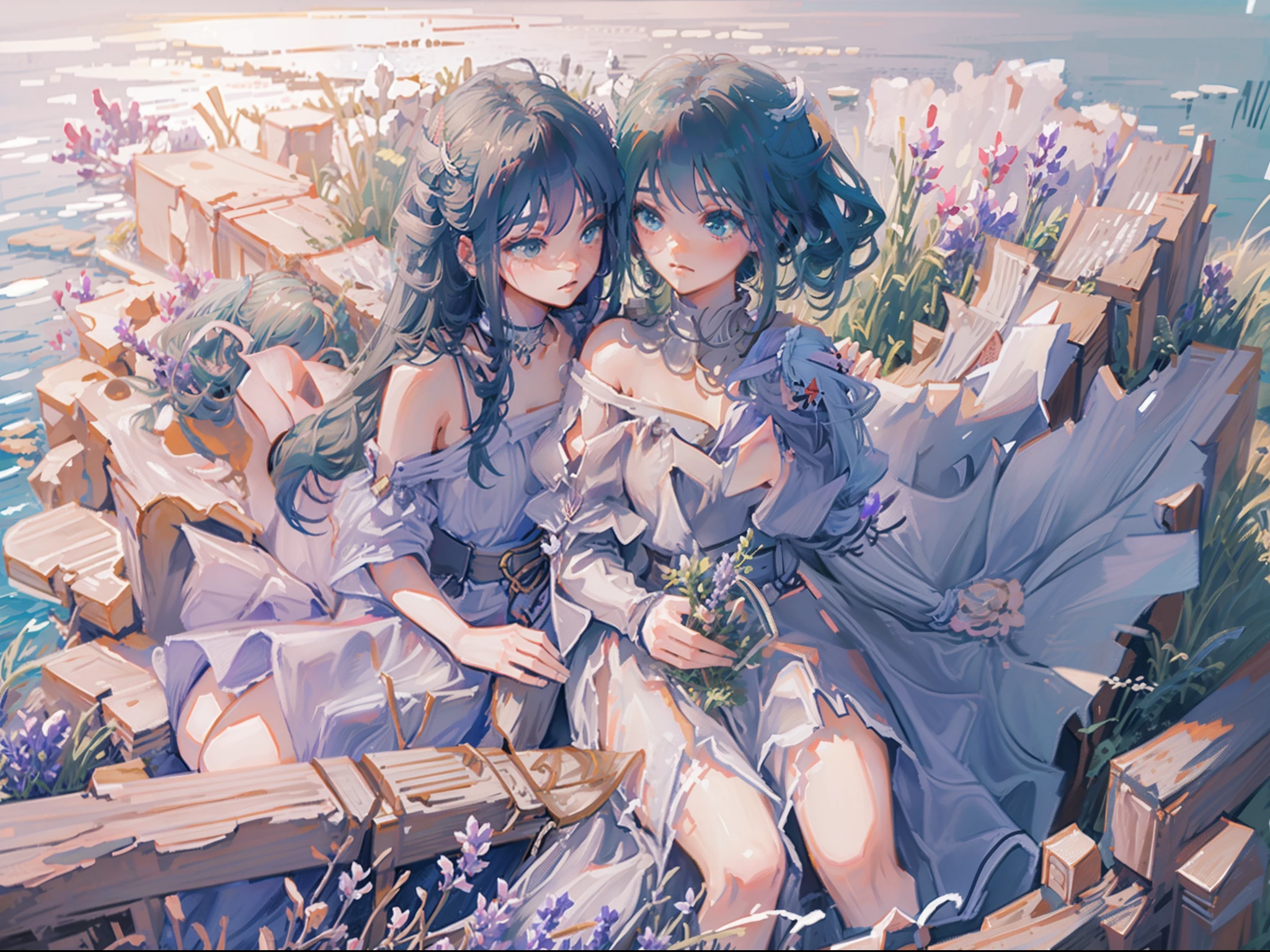 Two anime girls sitting in the field of lavender in front of fantasy castle, one with silver haired long braids and sea blue princess dress,another one with blue haired long side ponytail n wearing deep ocean violent dress , ((both long hair )), shining hair deity, 8k detailed high quality artwork, fantasy artwork, anime fantasy artwork, high quality fantasy art,detailed hair and dress,detailed fantasy background, yuri