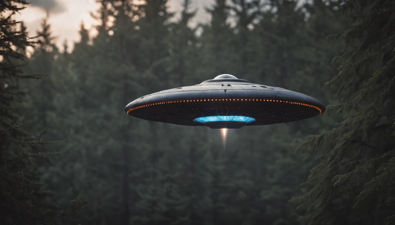 "a detailed illustration of a UFO craft hovering in the air above a nocturnal forest on the horizon"