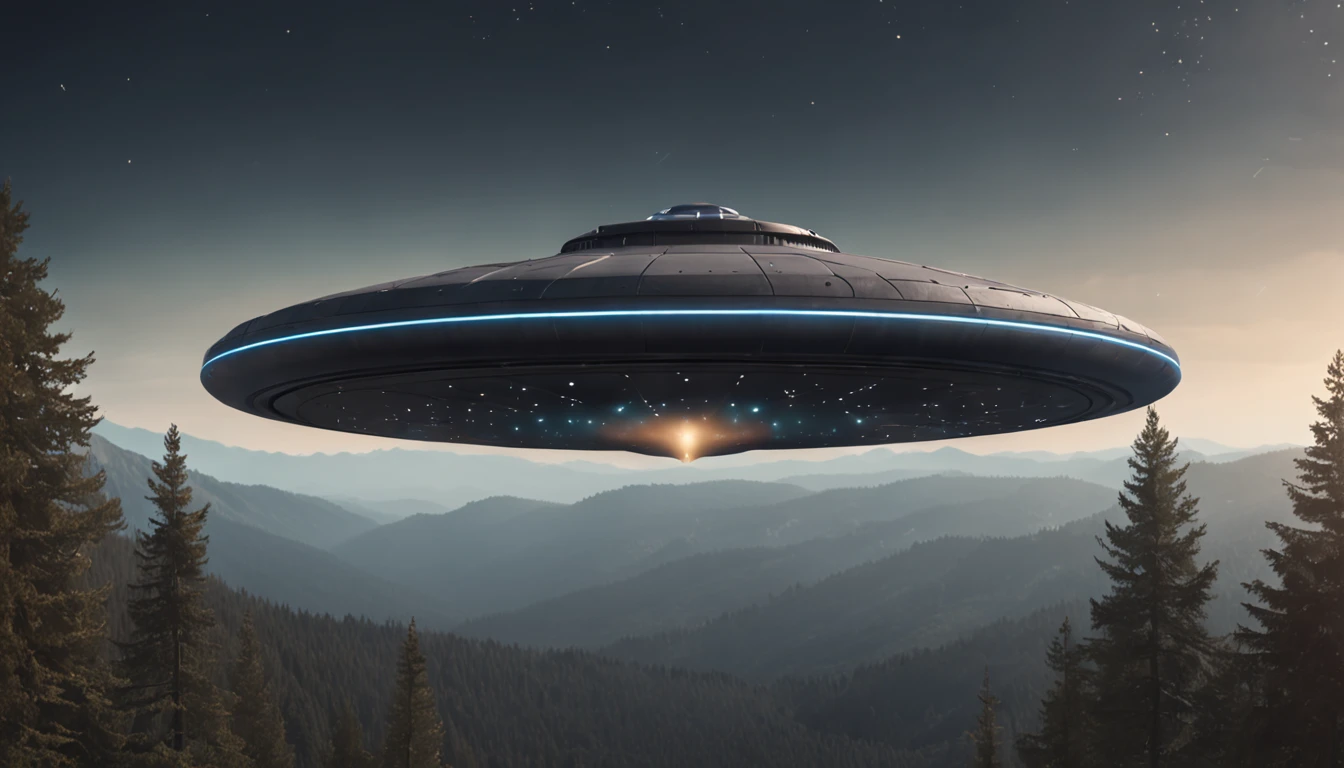 "a detailed illustration of a UFO craft hovering in the air above a nocturnal forest on the horizon"