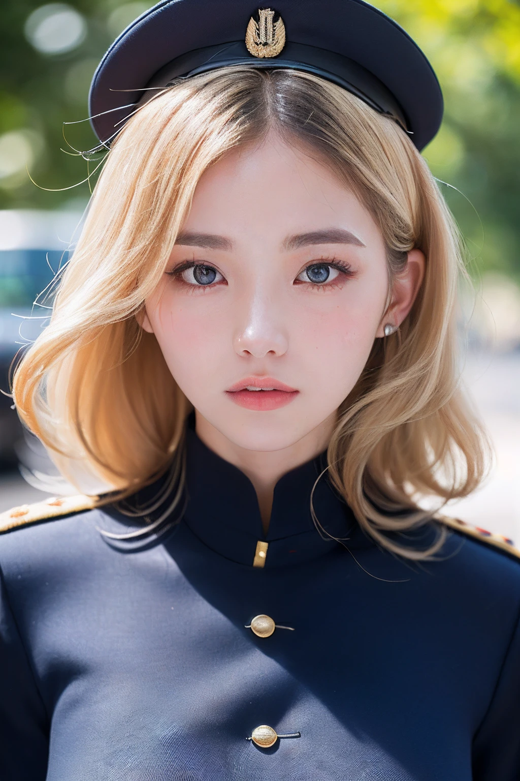 (1girl), big breastes, pectorals, suntan, moist skin, sweaty skin, wavy blonde hair,Girl in military uniformpunk, dark colored hair, Transparent