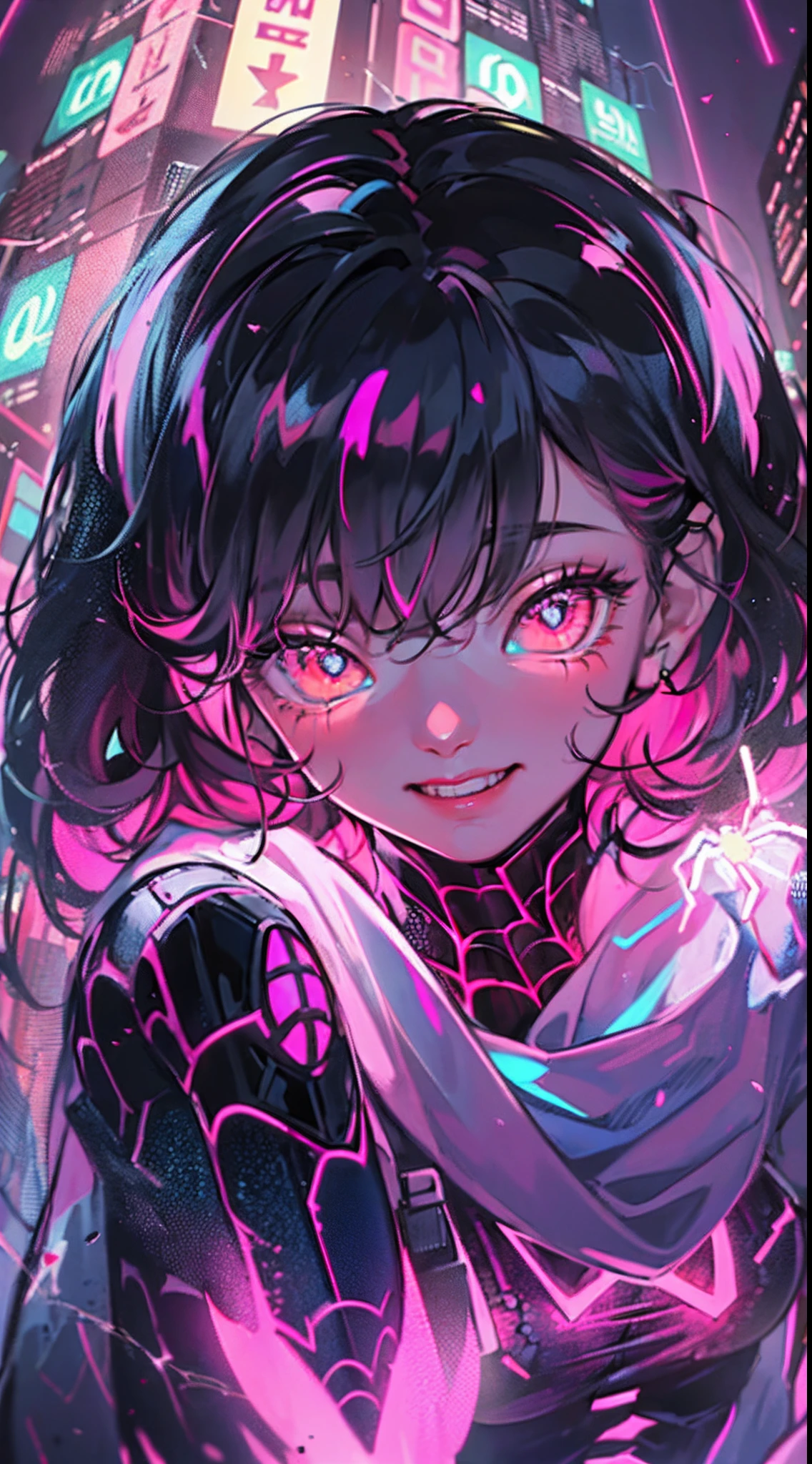 (1girl in)、(plump figure)、(30-years old)、(confident grin:1.2)、(White hair)、(Top image quality)、(8K picture quality)、(cyberpunked)、(masutepiece)、(Spider-Man Cosplay:1.5)、(Full body photo)、(An excessive amount of glowing flowers fly:1.5)、cinematric light, Cinema Shadow, Sharp Image, Extremely detailed, Volumetric, Bright sprites, particles effect, beautiful effects, Vivid colors, neons, (Pink Neon Lights:1.5), Highly detailed image textures, detailed hairs, Detailed face, Detailed eyes, Full body photo, city、Dark hair、Sparkling red aura、beautiful effects, Vivid colors, Highly detailed image textures, detailed hairs, Detailed eyes,(Cyberpunk cityscape:1.5)、