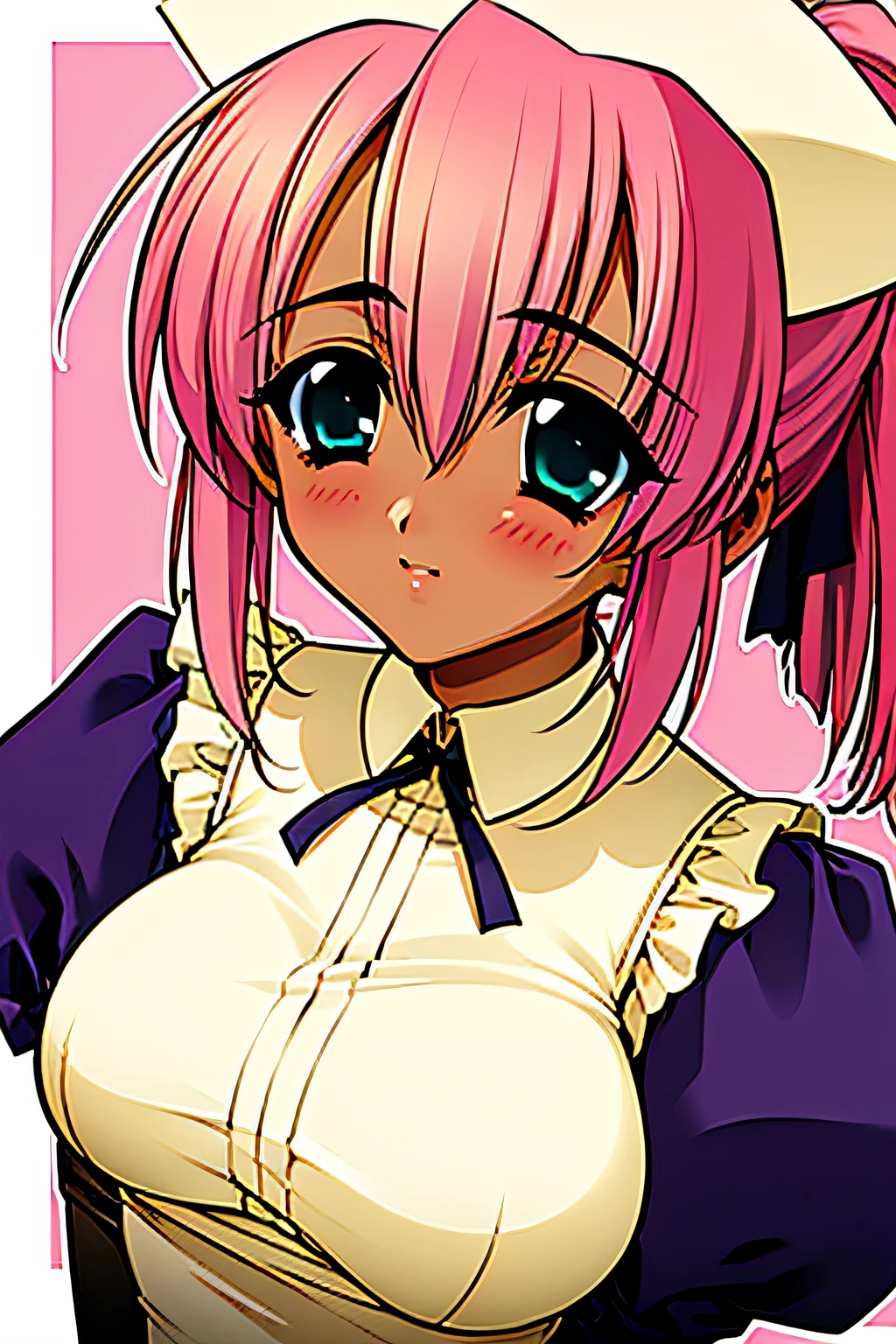 ((masterpiece, high quality, best quality)), (1 girl, solo female), {{light purple maid outfit}}, {ponytail, pink hair, green eyes}, blush, ((dark skin)), upper body, dynamic angle