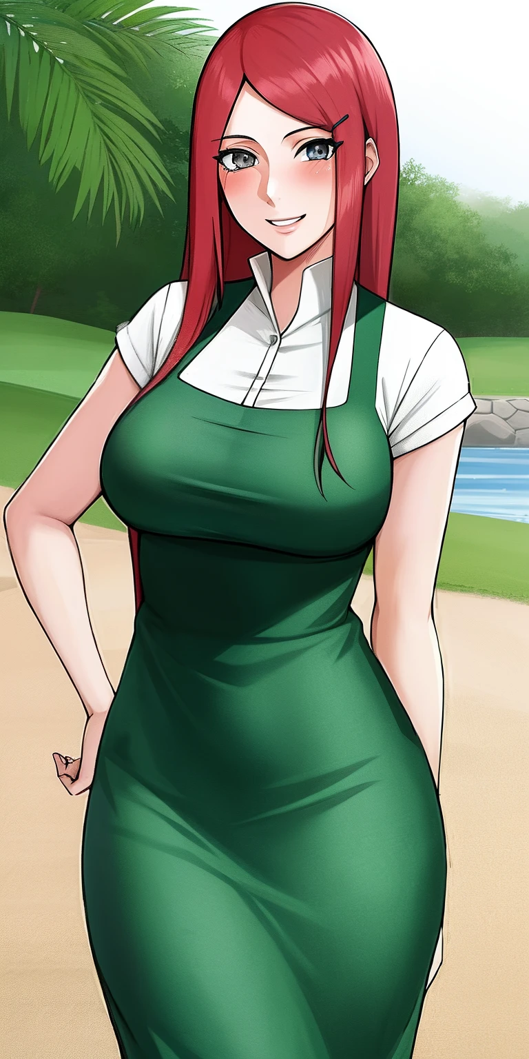 uzumaki_kushina, large_breasts, standing, solo, kushina_green_dress, masterpiece, best quality, detailed face, detailed eyes, highres, smile, solo, happy, blush,