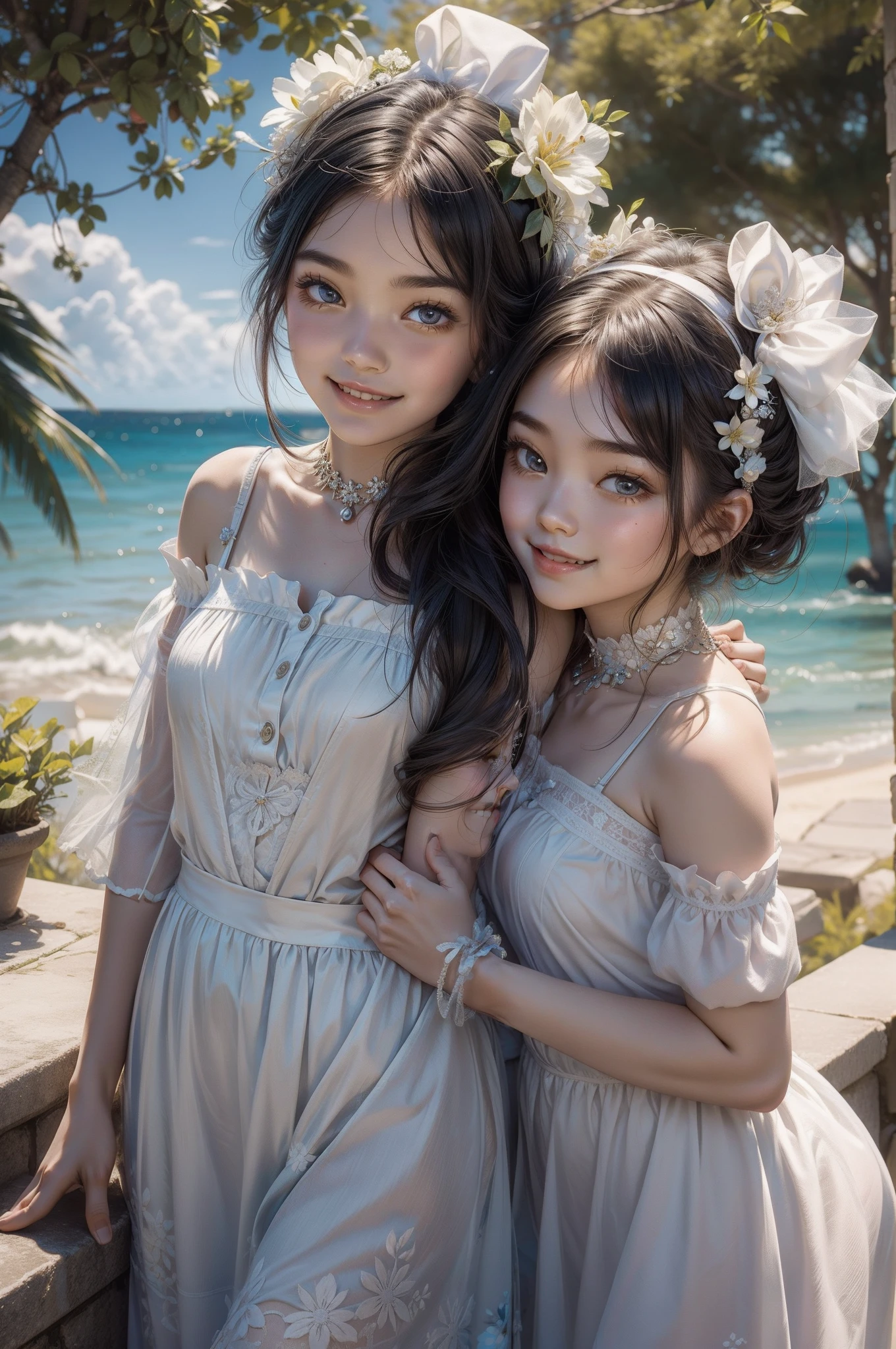 Only the smile of 2 cute girls,duo,Correct human anatomy,Milky white skin,Floral ribbon hair ornament,Underage girls,Sky gardens