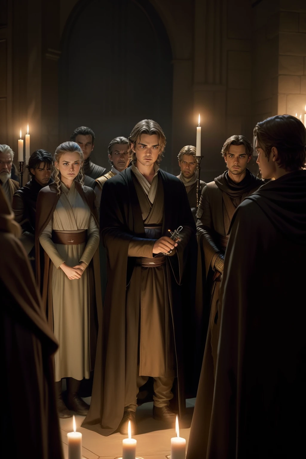 there are many people standing around a candle lit candle, a picture by John La Gatta, reddit, realism, anakin skywalker, from the phantom menace, with young jedi army behind him, being briefed on the clone wars, star wars revenge of the sith, revenge of the sith, in a star wars sequel, wearing brown jedi robes, movie screenshot from star wars