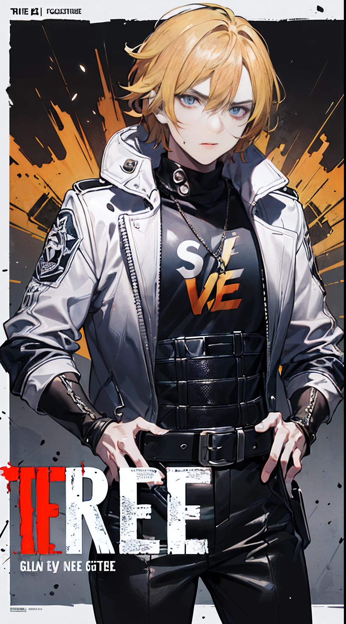 ((((dramatic))), (((gritty))), (((intense))) film poster featuring a man as the central character. He stands confidently in the center of the poster, wearing a stylish and white edgy outfit, with a determined expression on his face. The background is dark and gritty, with a sense of danger and intensity. The text says "Free Fire Max" and is bold and attention-grabbing, with a catchy tagline that adds to the overall feeling of drama and excitement. On the poster it ie written "Free Fire Max". The color palette is mainly dark yellow with splashes of vibrant colors, giving the poster a dynamic and visually striking appearance,tachi-e
(magazine:1.3), (cover-style:1.3), Free Fire Max, text, fashionable, man, vibrant, outfit, posing, front, colorful, dynamic, background, elements, confident, expression, holding, statement, accessory, majestic, coiled, around, touch, scene, text, cover, bold, attention-grabbing, title, stylish, font, catchy, headline, larger, striking, modern, trendy, focus, fashion,