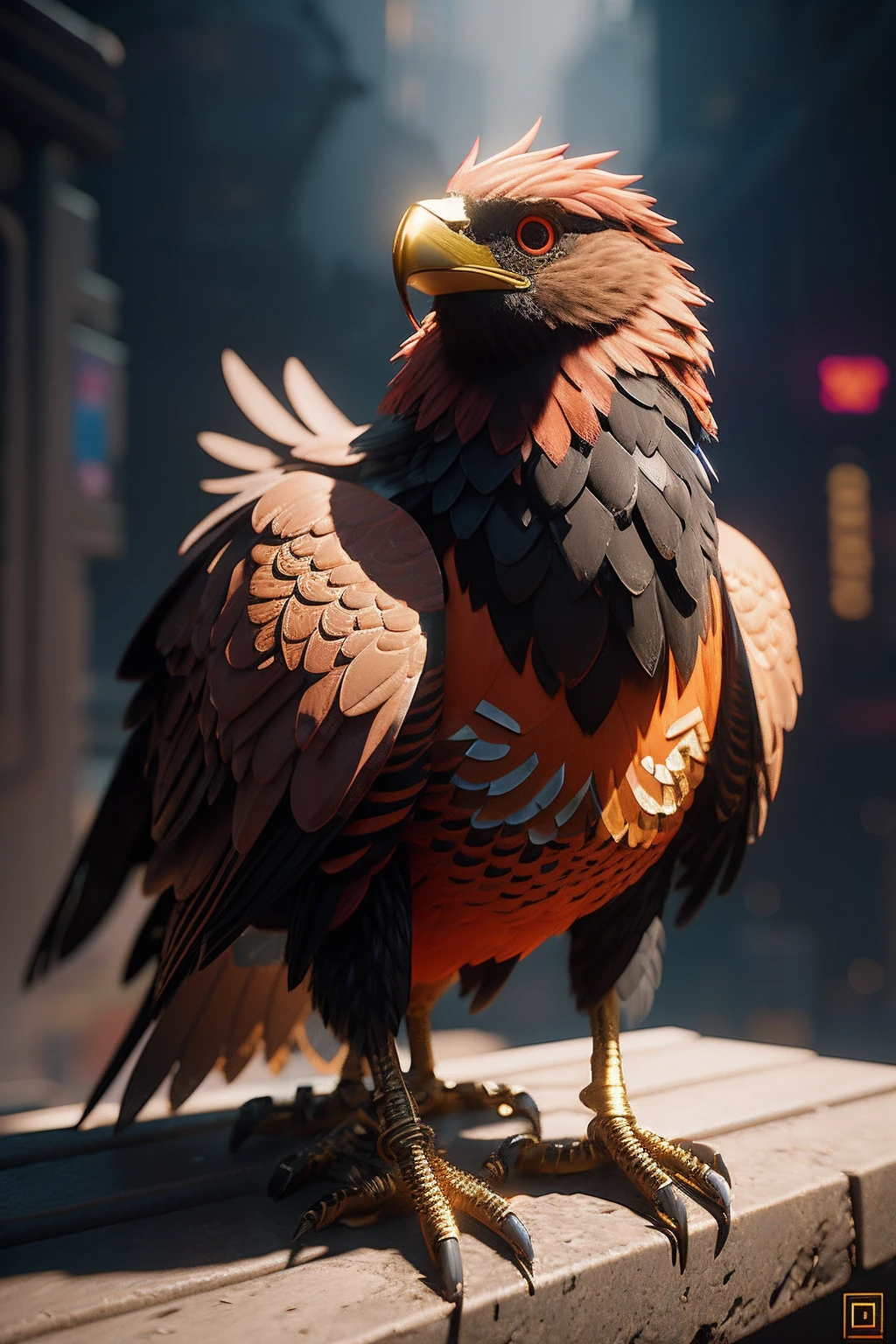 There is a bird that is standing on a ledge, trending on polycount, Vencedor do concurso Polycount, Feito em Unreal Engine 5, unreal 5 motor highlly renderizar, Trending in ArtStation 4K, renderizado no Unreal Engine 5, estilo fantasia 8 k octane render, Unreal Engine 5 altamente renderizado, trending on unreal engine 5, 3 d stylized cyberpunk rendering, neon