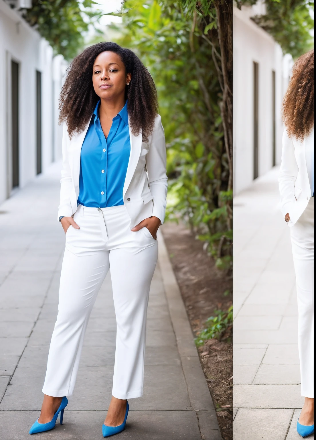 Foto RAW, a (potrait:1.2) a before and after of a white woman with curled hair wearing a white blazer and pantaloon pants with a blue shirt. Quero uma foto na cidade. (pele altamente detalhada:1.2), 8k uhd, dslr, soft-lighting, alta qualidade, grain of film, Fujifilm XT3