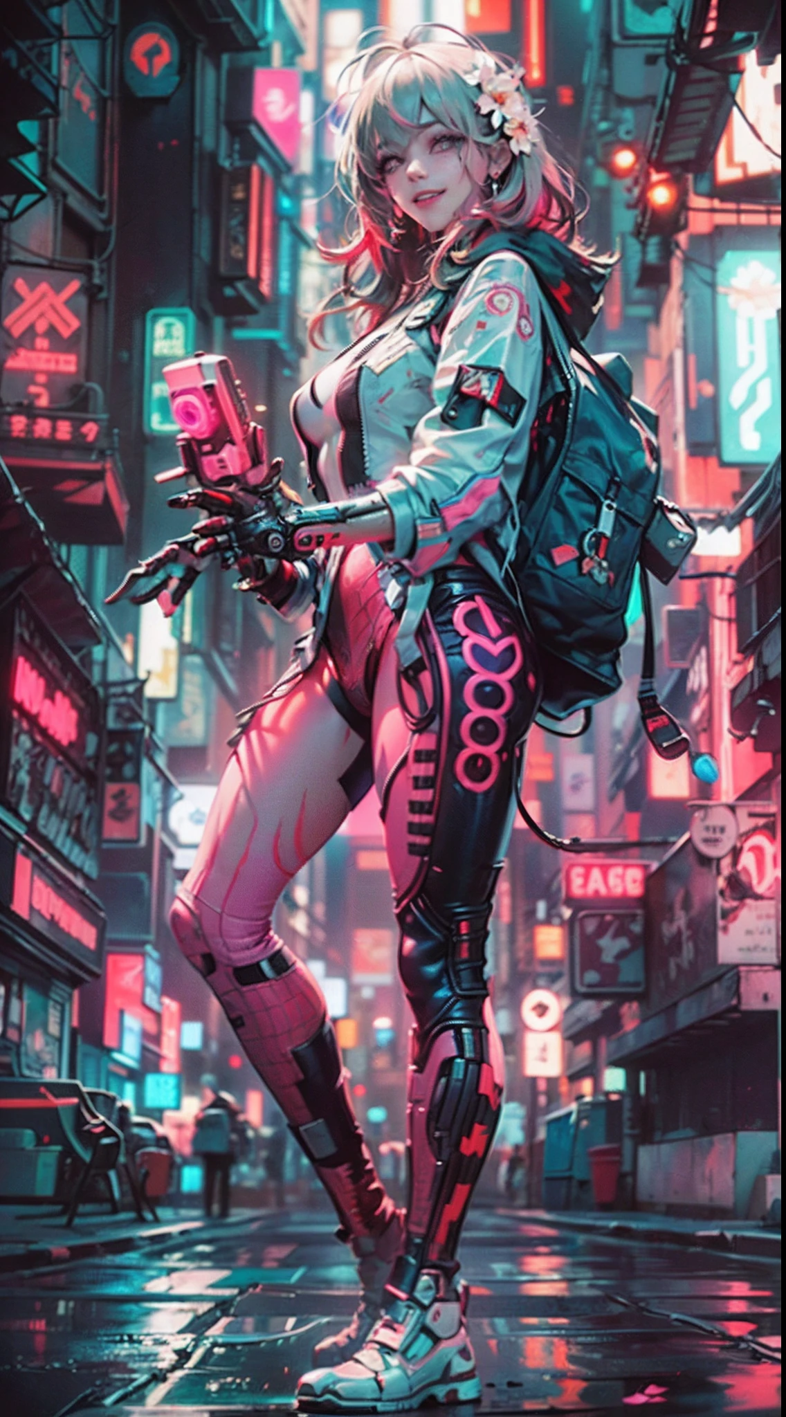 (1girl in)、(plump figure)、(30-years old)、(confident grin:1.2)、(White hair)、(Top image quality)、(8K picture quality)、(cyberpunked)、(masutepiece)、(Spider-Man Cosplay:1.5)、(confident grin:1.2)、(Full body photo)、(An excessive amount of glowing flowers fly:1.5)、cinematric light, Cinema Shadow, Sharp Image, Extremely detailed, Volumetric, Bright sprites, particles effect, beautiful effects, Vivid colors, neons, (Pink Neon Lights:1.5), Highly detailed image textures, detailed hairs, Detailed face, Detailed eyes, Full body photo, city、Dark hair、Sparkling red aura、beautiful effects, Vivid colors, Highly detailed image textures, detailed hairs, Detailed eyes,(Cyberpunk cityscape:1.5)、