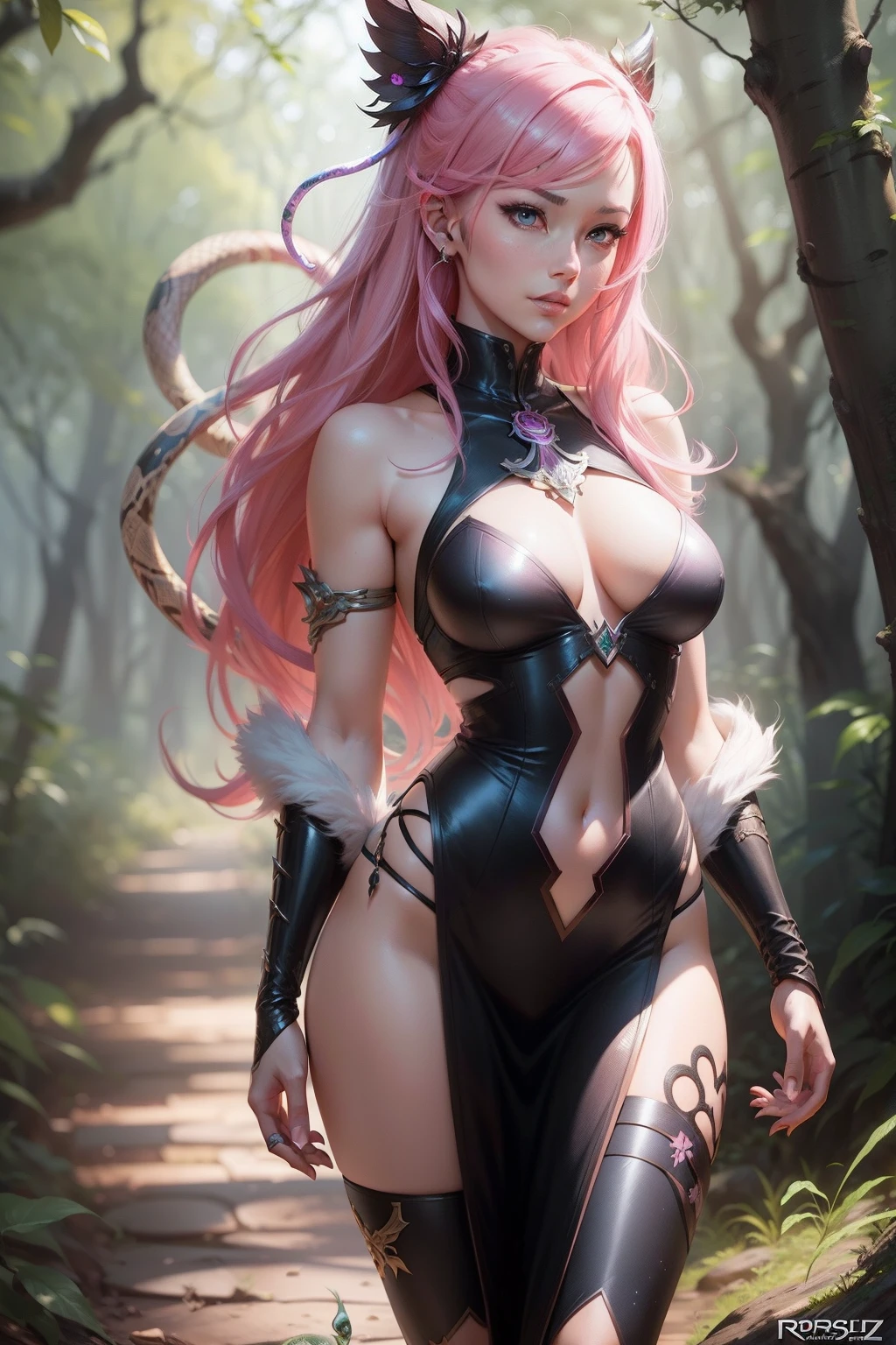 arafed woman with pink hair and snakes in a forest, extremely detailed artgerm, 2. 5 d cgi anime fantasy artwork, wlop rossdraws, ross tran 8 k, rossdraws sakimimichan, ! dream artgerm, 8k high quality detailed art, anime fantasy illustration, cushart krenz key art feminine