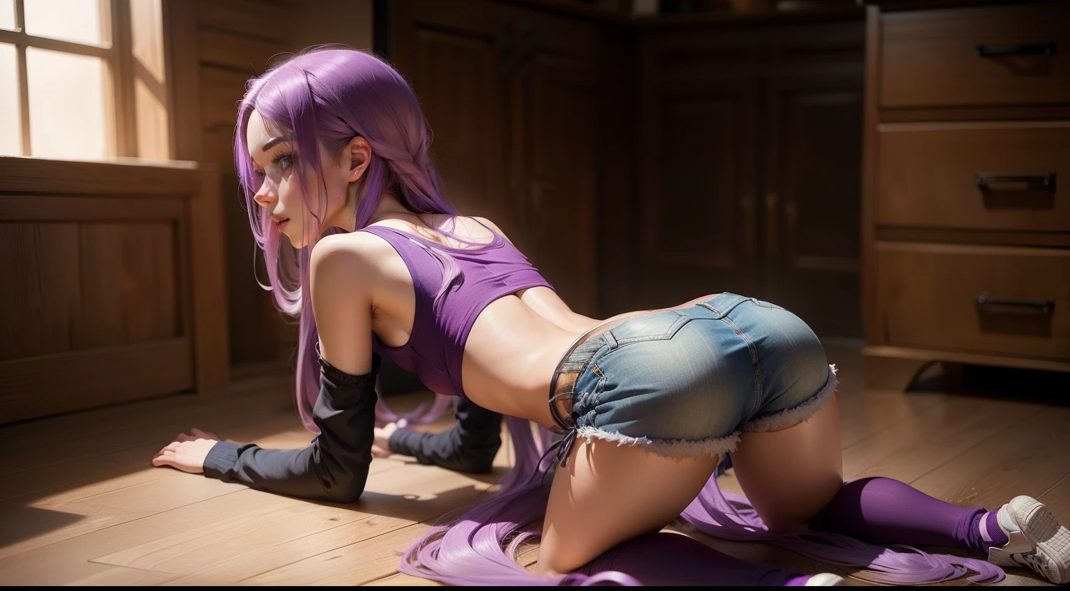 Girl with long purple hair, Slim, pretty, little chest, in shorts, on all fours