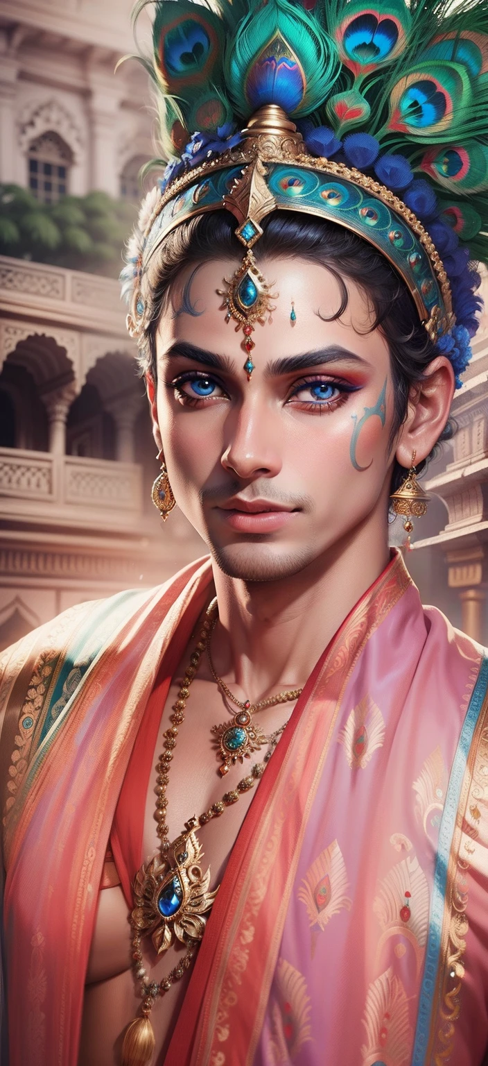 Lord Krishna peacock background realistic face Bule Eye, Ultra high quality HD