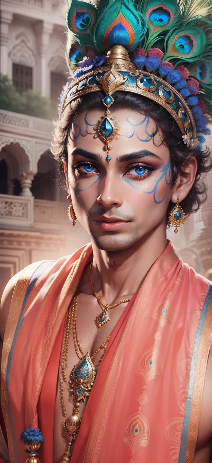 Lord Krishna peacock background realistic face Bule Eye, Ultra high quality HD