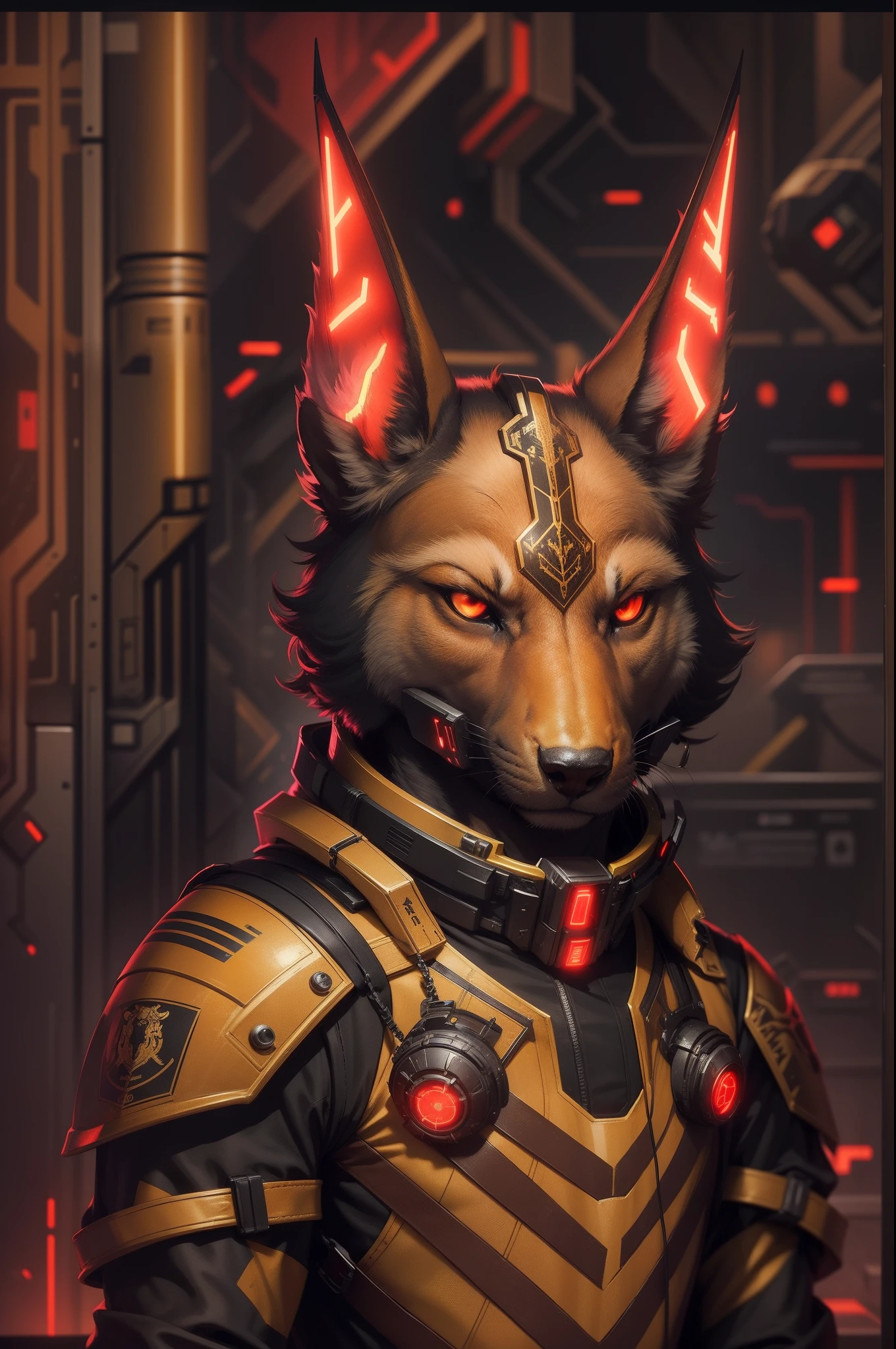 Ein Scifi-Gott-Schakal , hight resolution , On the obverse, a black and gold male furry anthro jackal, ein anubischer gott, ein Schakal, eine Acrador Mindmachine mit einem fantasy schwert und roten Augen , Hintergrund : Neonlighs und Scifi Hanger mit Raumschiffen , Red banners on the walls