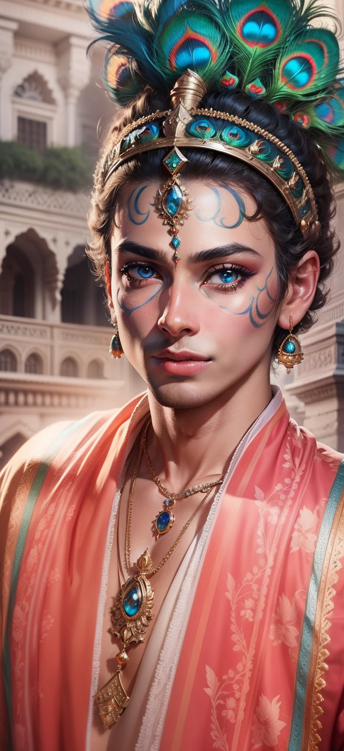 Lord Krishna peacock background realistic face Bule Eye, Ultra high quality HD