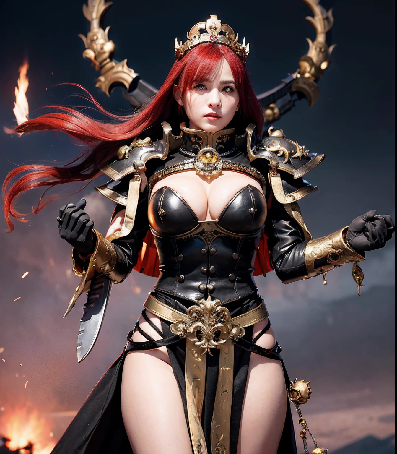 (masutepiece), Professional , ​masterpiece、top-quality、photos realistic , depth of fields （Dragon Black Metal Body:1.９),(Matte Black、（cleavage of the breast）、（Shout with your mouth wide open）、Dragon Gold Weapon、（bikini-armor),Gorgeous gold weapons ,（（ Dragon's dense and gorgeous sword）） , Beautiful knife   ,warhammer 40k , adepta sororitas,Detail and gorgeous crown、（（Red hair））、（Castle background）、The dragon、（（Gangle's forest background））、Beautiful Caucasian beauty、（１a person）、dynamic ungle,(((Detailed and ornate Black Devil Crown)))、Smaller head、Strange smile、Castle background、Thin and beautiful female hands、cleavage of the breast、Soldier in iron armor on background、Mystical expression、Light Effects、intense fighting、Wind-effect、magic circles、With the legendary magic wand、（demonic wings）、