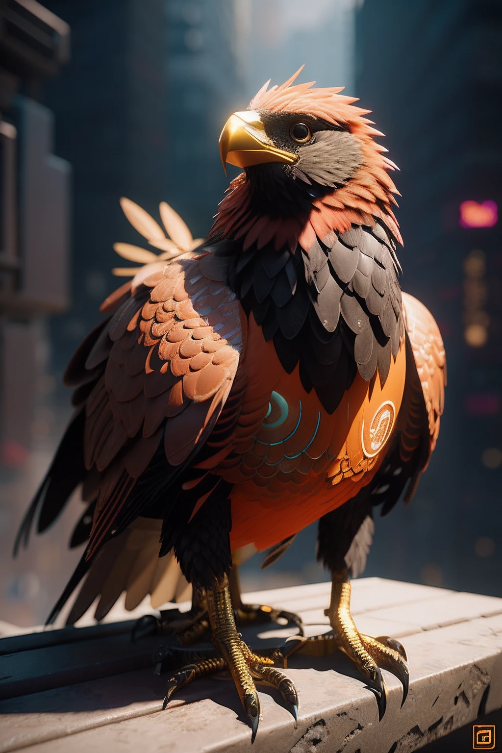 There is a bird that is standing on a ledge, trending on polycount, Vencedor do concurso Polycount, Feito em Unreal Engine 5, unreal 5 motor highlly renderizar, Trending in ArtStation 4K, renderizado no Unreal Engine 5, estilo fantasia 8 k octane render, Unreal Engine 5 altamente renderizado, trending on unreal engine 5, 3 d stylized cyberpunk rendering, neon