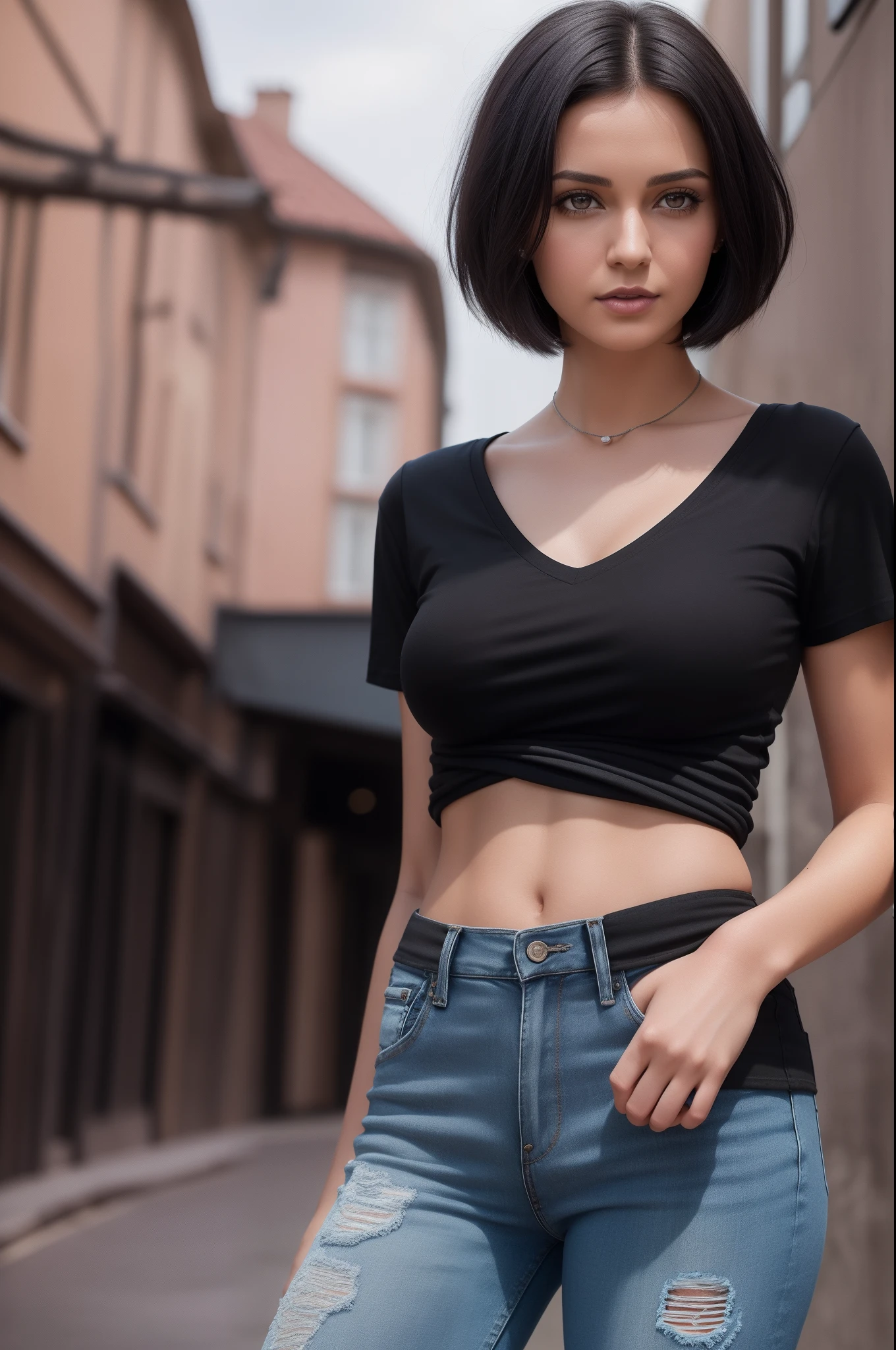 ultra realistic, a close up of a woman in a black dress posing for a picture, short black pixie like hair, anastasia ovchinnikova, black short hair, short black pixie cut hair, with short hair, olga buzova, short black hair, alina ivanchenko, short dark haircut, pixie cut, pixie haircut, julia gorokhova, short dark hair, Masterpiece, (tight v-neck tshirt and low rise jeans), (medium breasts), (perfect body), (short black hair), outside, (skin texture:1.1), best quality, ultra high res, Raw photo, Nikon D850, backlight, rimlight, bright sunlight, film grain:1.2,