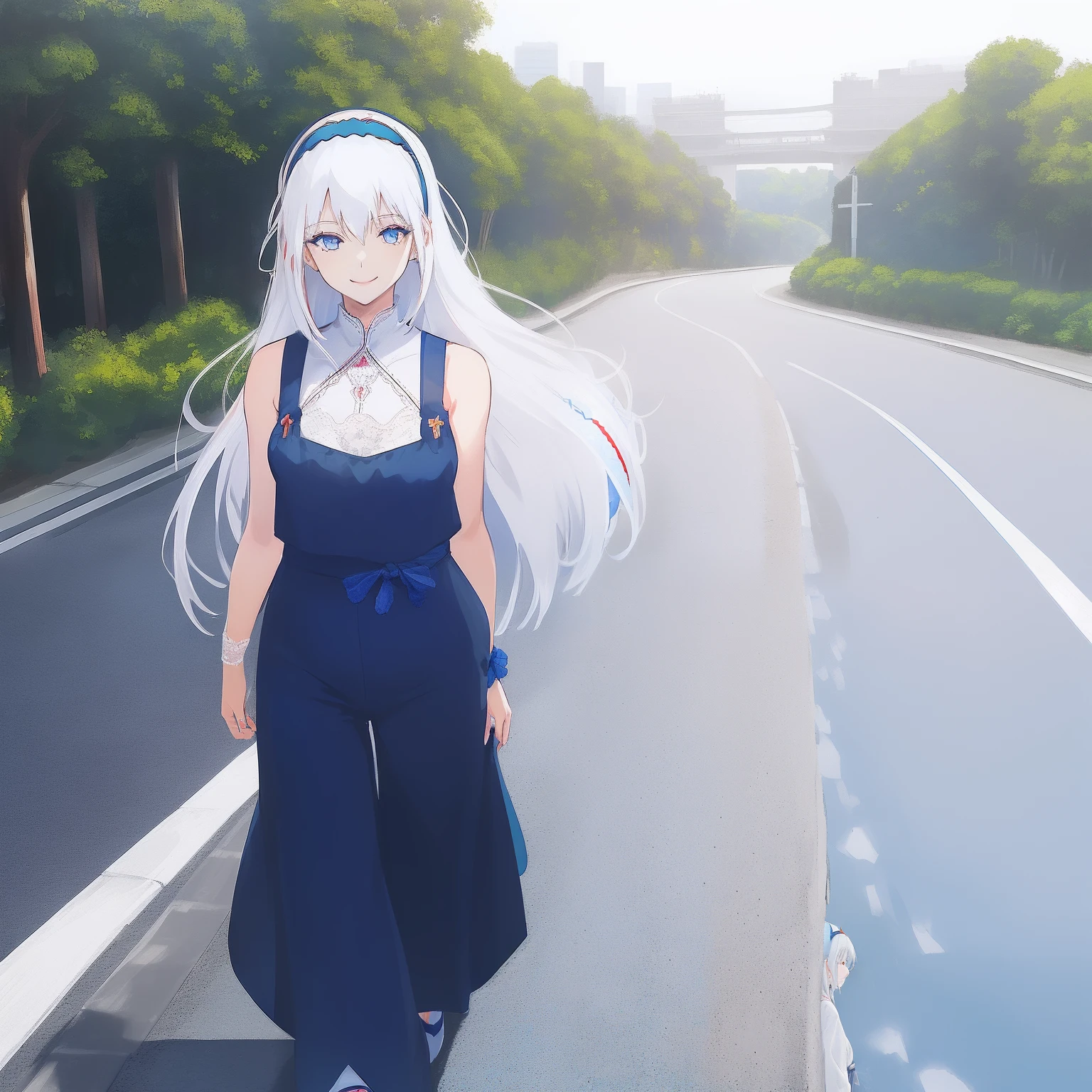 ((((1 woman)))), fullbody, shoulder cut out, lace top, red ribbon, wide leg pants, ((((white hair)))), ((((blue eyes)))), long hair, happy, smile, 18 year old, dynamic angle, ((((blue hairband)))), in the tokyo, road