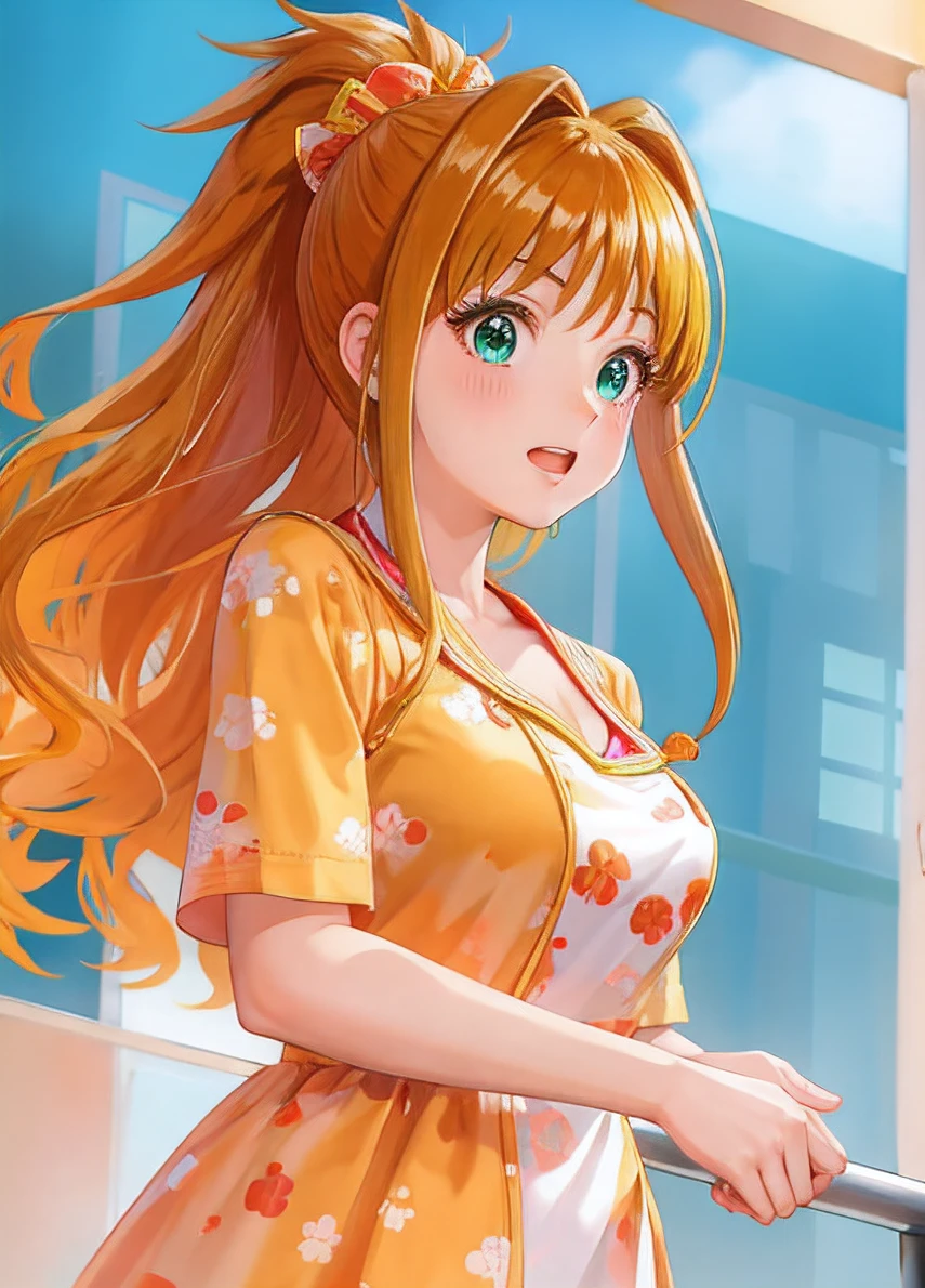 beautiful lighting, hino_akane_\(idolmaster\), 1girl, long hair, high ponytail, orange hair, green eyes, upper body, teen, fire