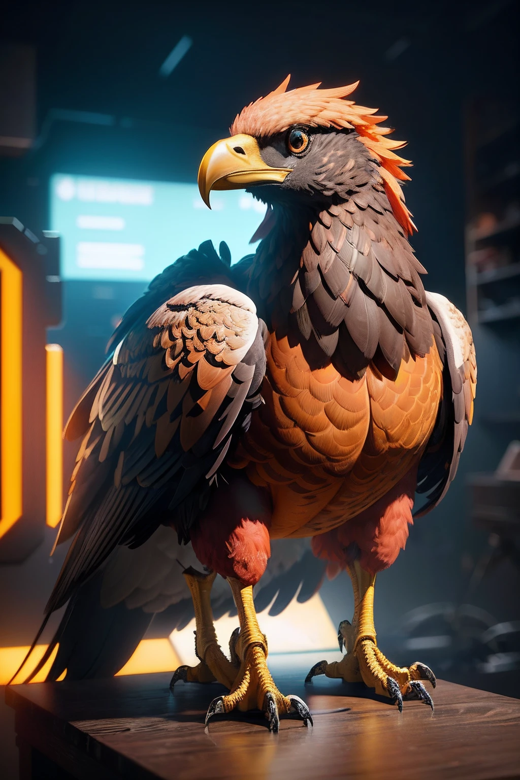 There is a large bird that is standing on a table, estilo fantasia 8 k octane render, Feito em Unreal Engine 5, unreal 5 motor highlly renderizar, high detail 8k render, high detail 8 k render, trending on polycount, Vencedor do concurso Polycount, renderizado no Unreal Engine 5, renderizar no Unreal Engine 5, Unreal Engine 5 altamente renderizado