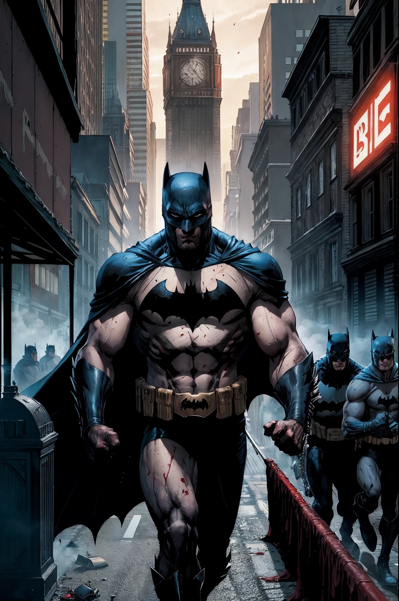 Batman against the soldiers of the Yakuza (Mafia of Japan), the scene of a fight with one of the soldiers of the Yakuza holding a samurai sword that strikes the body of Batman, a lot of blood on the ground, the night, heavy rain, wet body, neon of the shops, batsign in the sky of Tokyo,64k, Cartoon, DC Comics, detailed, high definition, ultra resolution,  realistic, Fujifilm XT3, Dark ilumination, angry, darkness, ultra definicion, Dark City, action scene