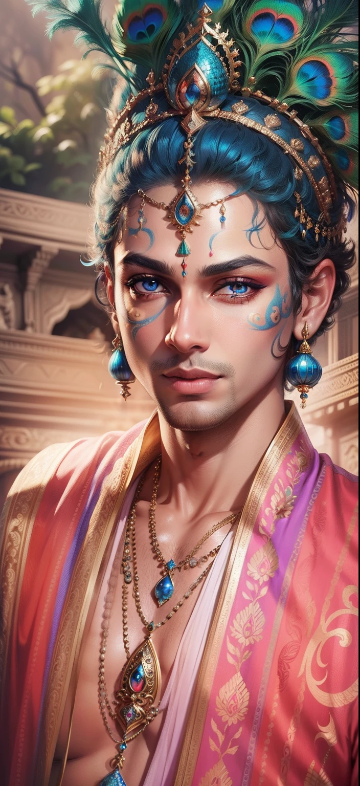 Lord Krishna, depicted in exquisite detail with a 16K UHD resolution, is beautifully illuminated by cinematic lighting. His 8K resolution image showcases the intricate lines of his chiseled features and the subtle textures of his skin. His eyes, adorned with kajal, are detailed and expressive, capturing the essence of his soulful gaze. His double eyelids and thin eyebrows are accentuated, and his lips are painted with a natural red vermilion. His fair complexion is glowing, with a sheen of divinity that adds an ethereal quality to the image.

TheFocus is on Krishna's face,