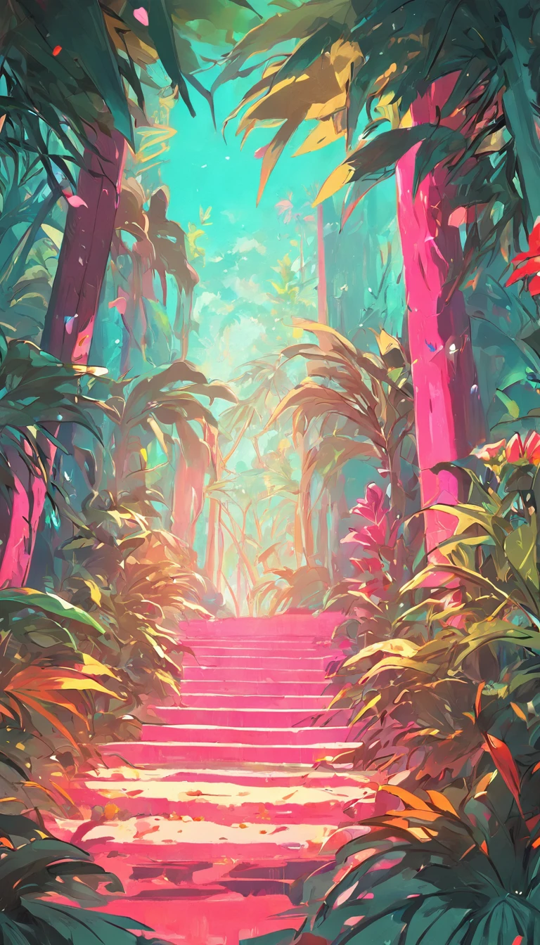 tropical moods such as shades of turquoise, lime green, hot pink and bright orange. Combine these cores in a design of illustrations of exotic plants and natural elements, 8k cinematic