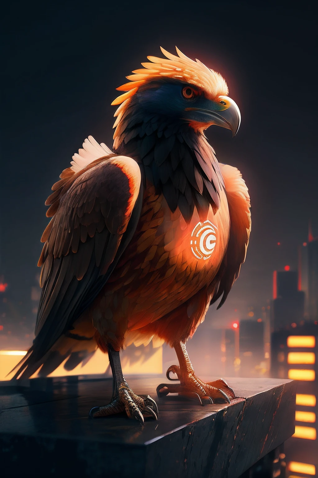 There is a bird that is sitting on a ledge in the city, Trending in ArtStation 4K, CGSetivity 8K, CGSetalidade 8K, CGSetivity 8K, 3 d render bipe, CGSetnation ), Arte digital altamente detalhada em 4k, trending in cgsociety, cinematic cgsociety, cgsociedade inspirada, epic digital art illustration