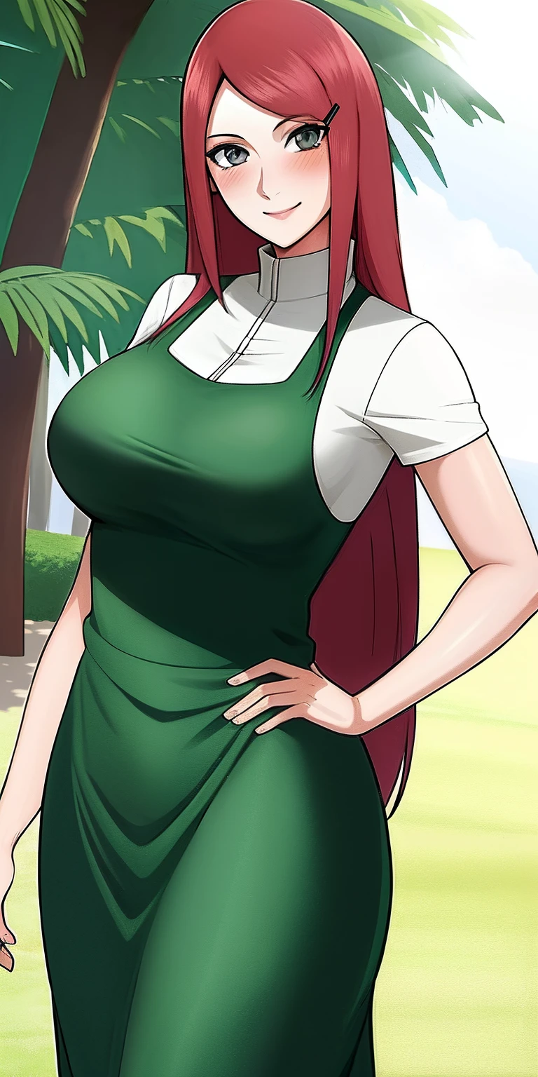 uzumaki_kushina, large_breasts, standing, solo, kushina_green_dress, masterpiece, best quality, detailed face, detailed eyes, highres, smile, solo, happy, blush,