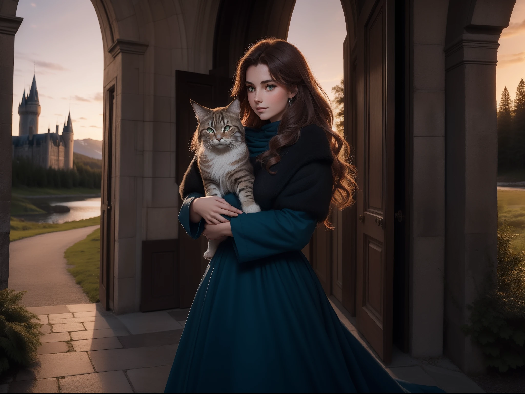 Une Jeune femme aux yeux bleus, brune et aux cheveux longs, dressed in a long red dress carrying in her arms a large Norwegian forest cat dark coat Norwegian forest tabby, avec deux oreilles poilues comme un lynx, aux yeux verts, pupille noir fendue au centre de ses yeux. In front of Hogwarts Castle at sunset soft and pastel atmosphere. Captured in the style of oli photography.majery, sourire, panorama, 16k