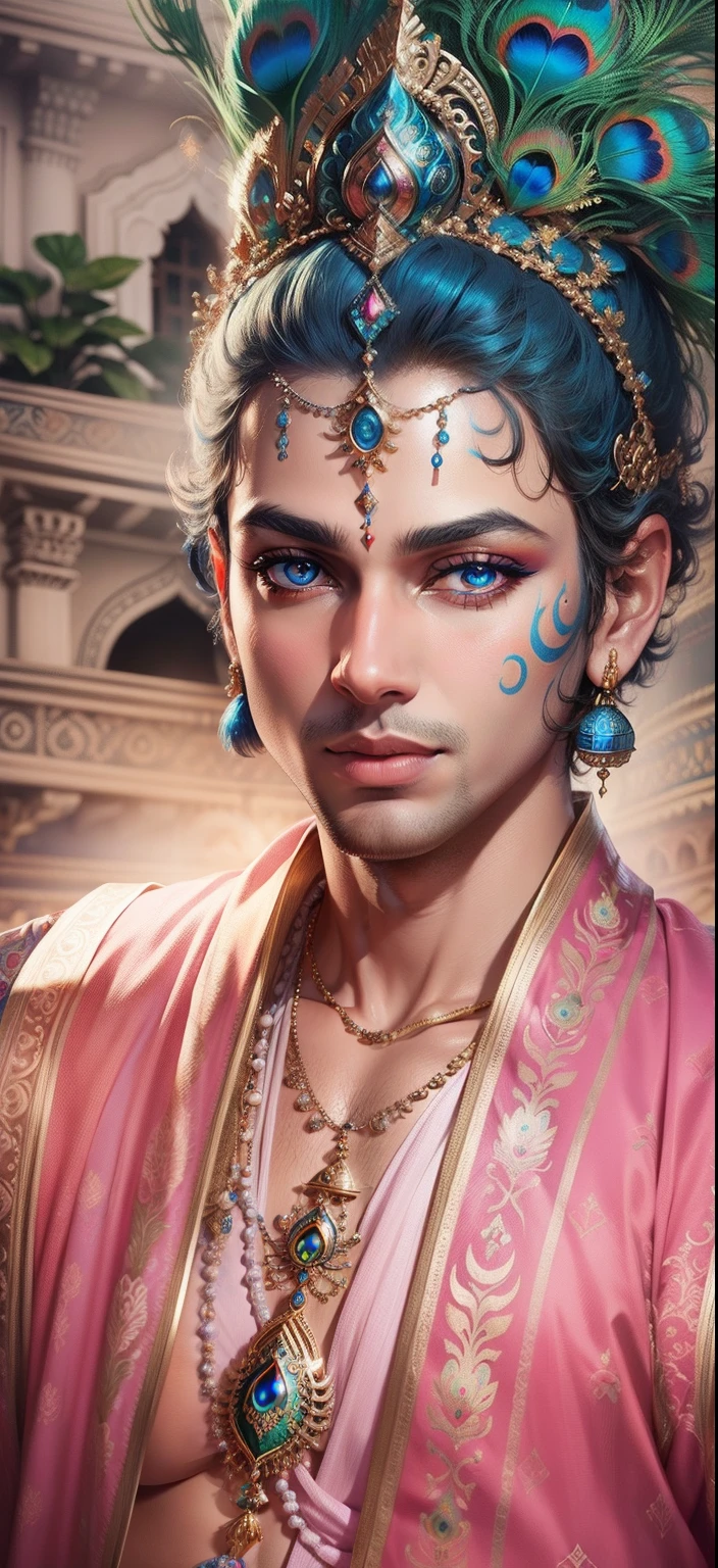 Lord Krishna peacock background realistic face Bule Eye, Ultra high quality HD