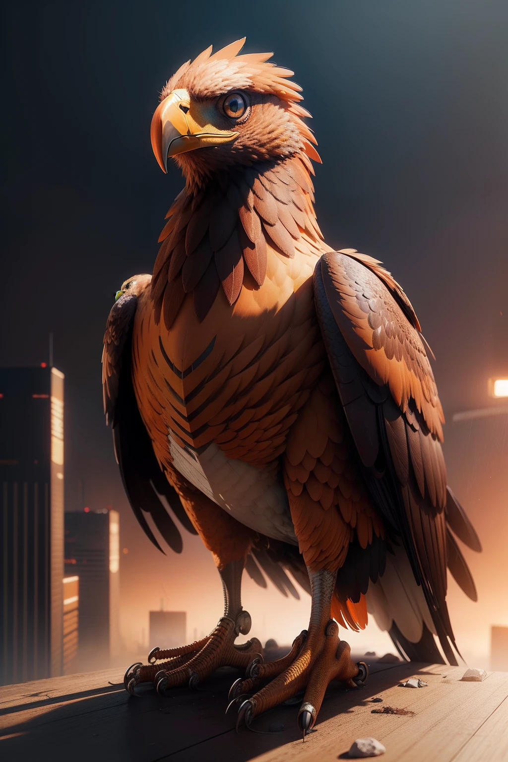 Orange eagle with brown, pequena, vray render, Kawai, sorrir, oculos futurista, cyberpunk