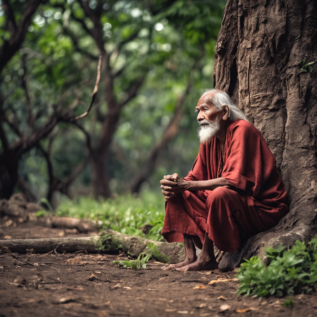 man sitting on a tree trunk in the forest, holy man looking at the ground, wise old man, elderly man, portrait photo, old man, asian man, peaceful expression, portrait shot of an old man, , with head In the Clouds, Wise Old Indian Guru, Unsplash Contest Winning Photo,Ancient, Wise