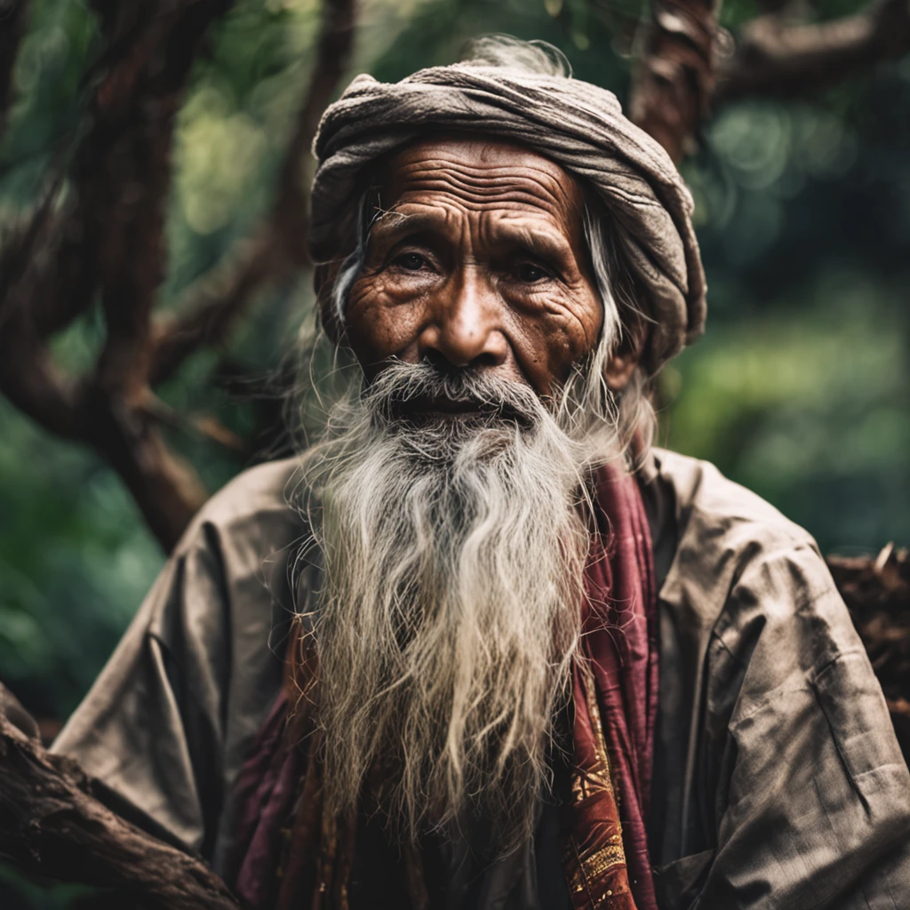 man sitting on a tree trunk in the forest, holy man looking at the ground, wise old man, elderly man, portrait photo, old man, asian man, peaceful expression, portrait shot of an old man, , with head In the Clouds, Wise Old Indian Guru, Unsplash Contest Winning Photo,Ancient, Wise