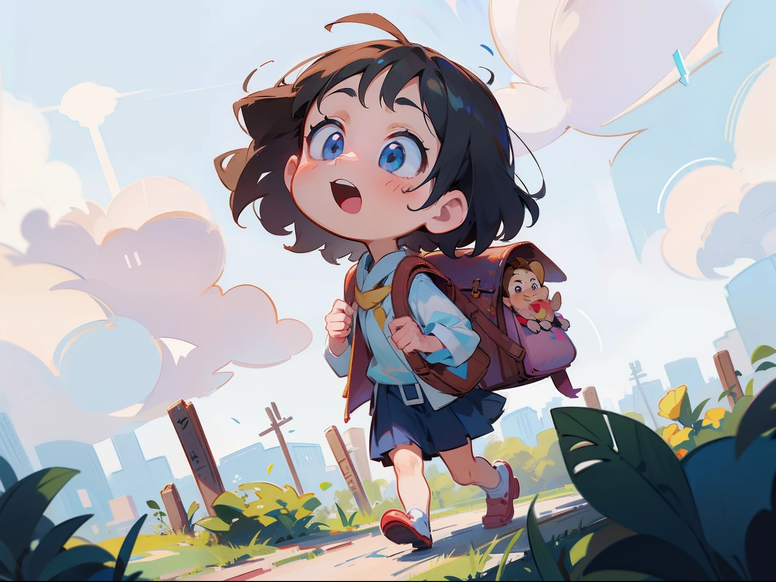 Young girl walking to school towards the right direction , on a Very cloudy day backpack， Looking up at the sky, Perfect quality， （tmasterpiece：1.2） （realisticlying：1.2） （Bokeh） （best qualtiy） （detailedskin：1.3） （complexdetails） （8K） （detailedeyes） ,Disney  style，by Pixar，