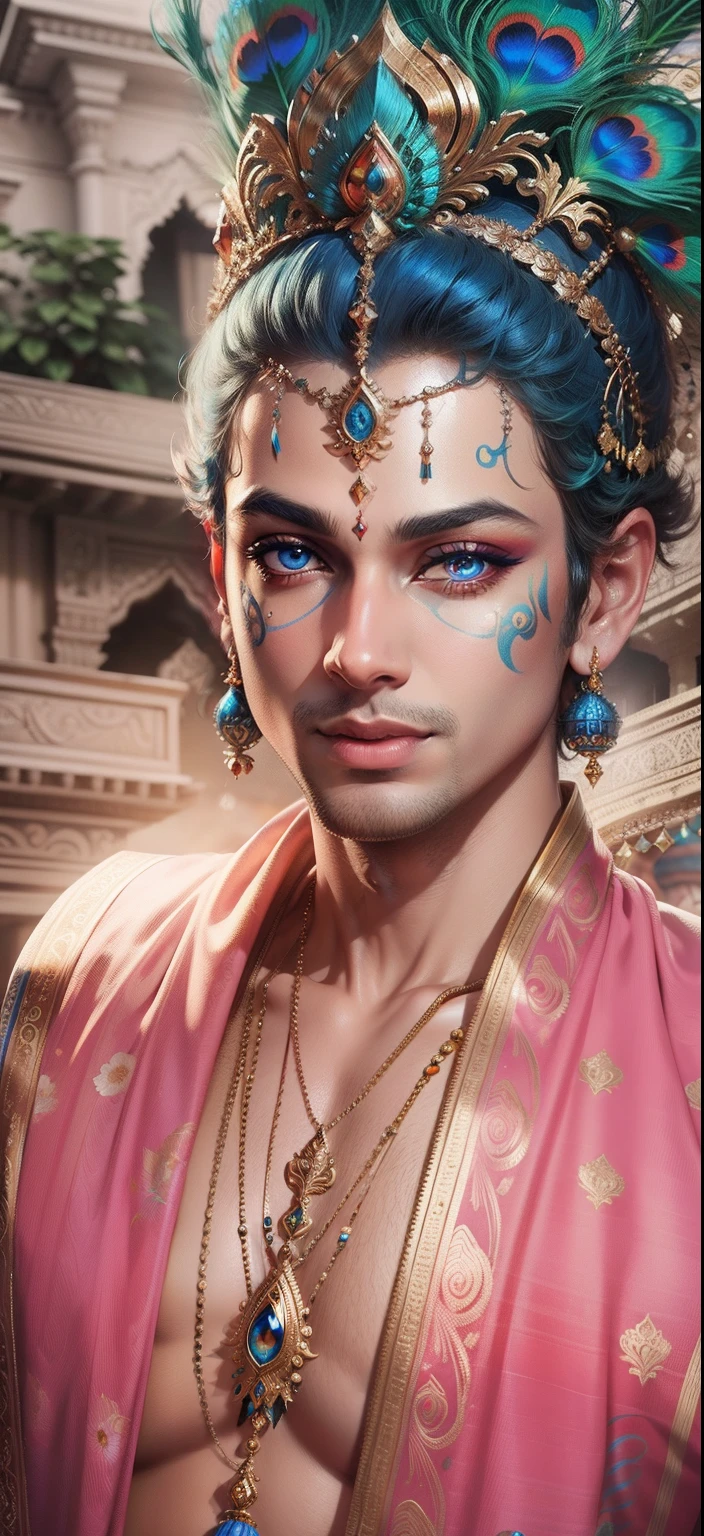 Lord Krishna peacock background realistic face Bule Eye, Ultra high quality HD