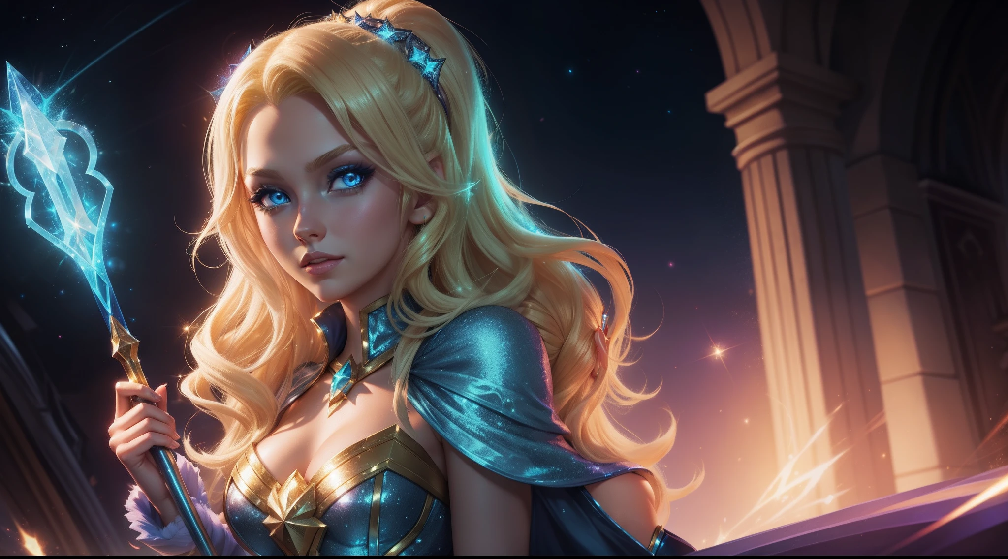 Lux from league of legends, blond hair, blue eyes, elegantly dressed, glitter wand, shining lights, riot games splash art
