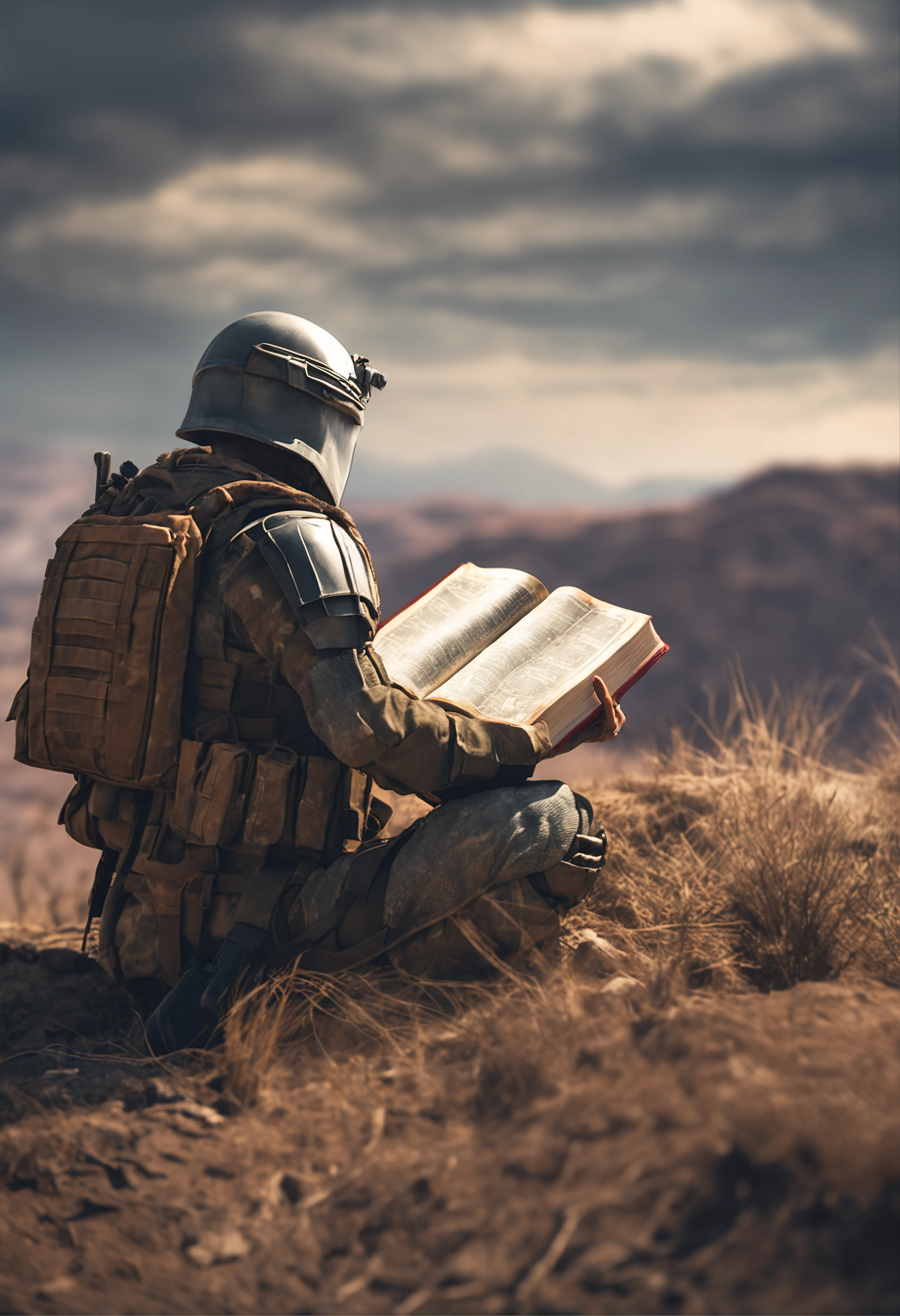 3 imagem soldado com armadura super realista 8k,holding the holy Bible ,Apocalyptic place , pregando o evangelho para as pessoas pobres , priorizar detalhes, Prioritizing biblía