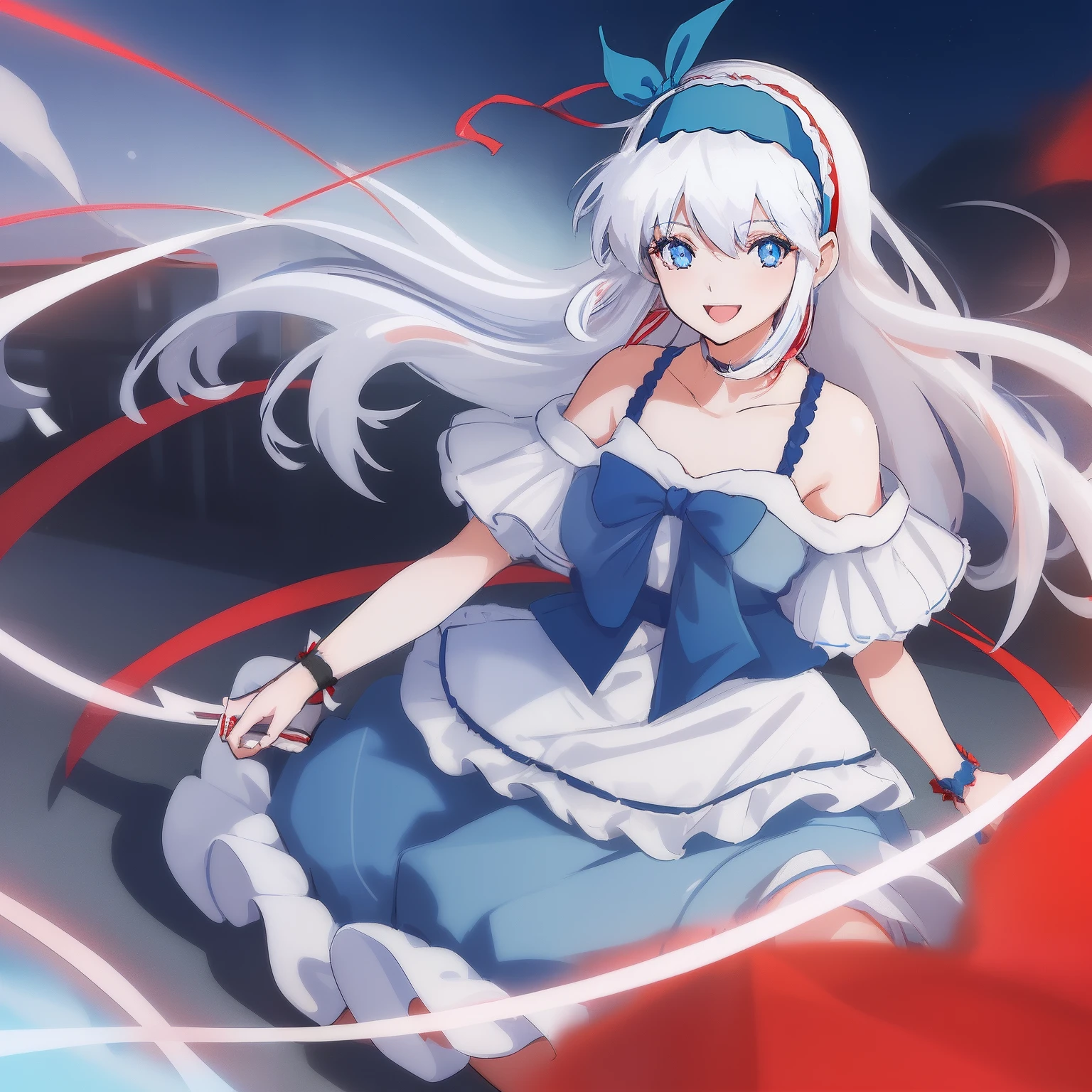 ((((1 woman)))), fullbody, off shoulder cut out, lace top, red ribbon, gaucho pants, ((((white hair)))), ((((blue eyes)))), long hair, happy, smile, 18 year old, dynamic angle, ((((blue hairband)))), in the tokyo, road, night