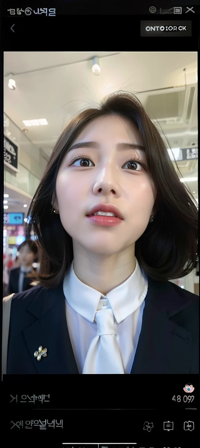 Close-up of a woman in a suit and tie, Korean symmetrical face, wan adorable korean face, young lovely Korean faces, Korean face features, she has a cute expressive face, Korean woman, as she looks up at the ceiling, Korean girl, beautiful Korean women, camera looking up at her, She has a cute face, appearing in a shopping mall