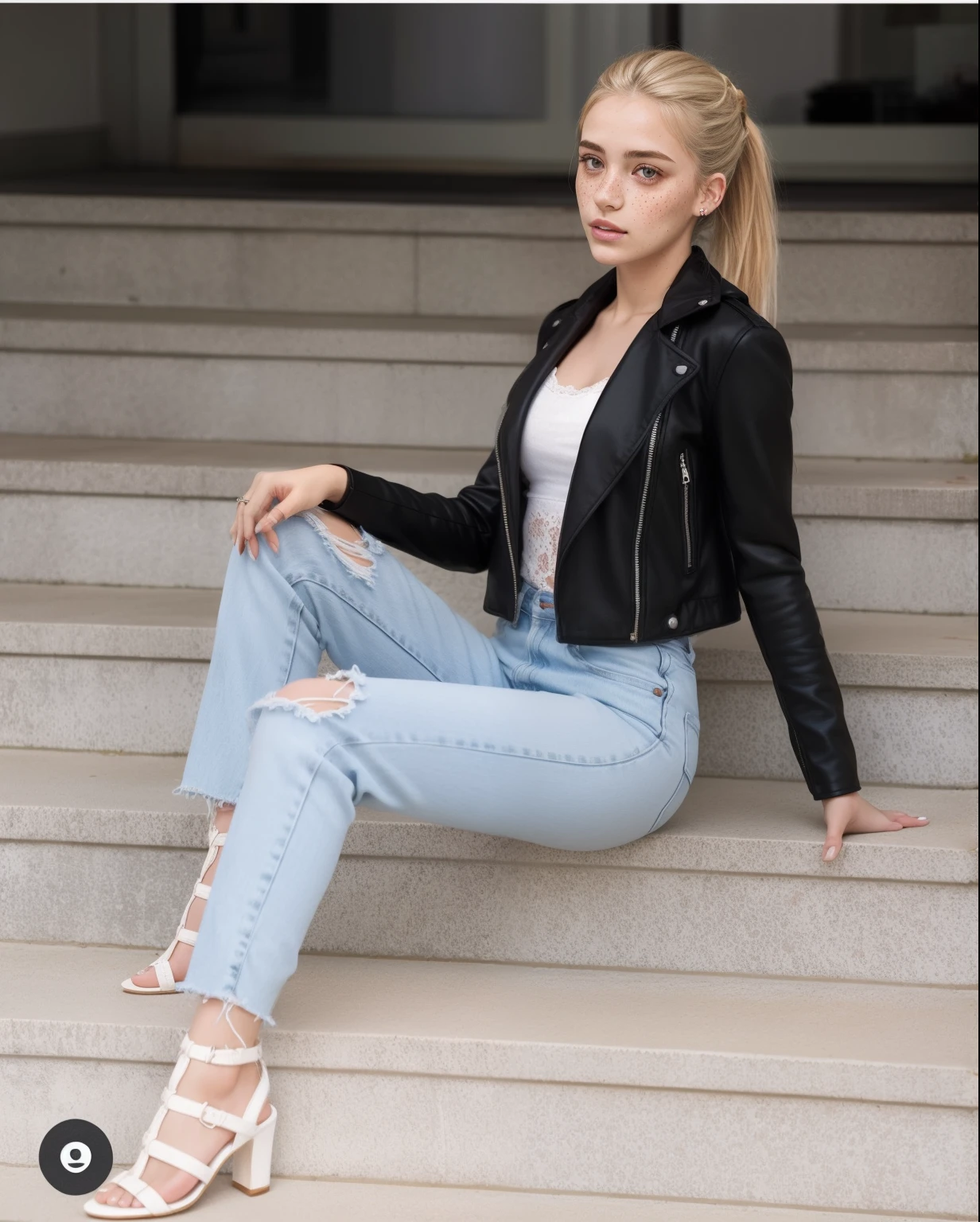 Rosto de uma mulher, americana, 25 anos, pale skin and freckles, olhos cinzas, nariz delicado, soft and delicate lips, cabelo blondie cinza ponytail