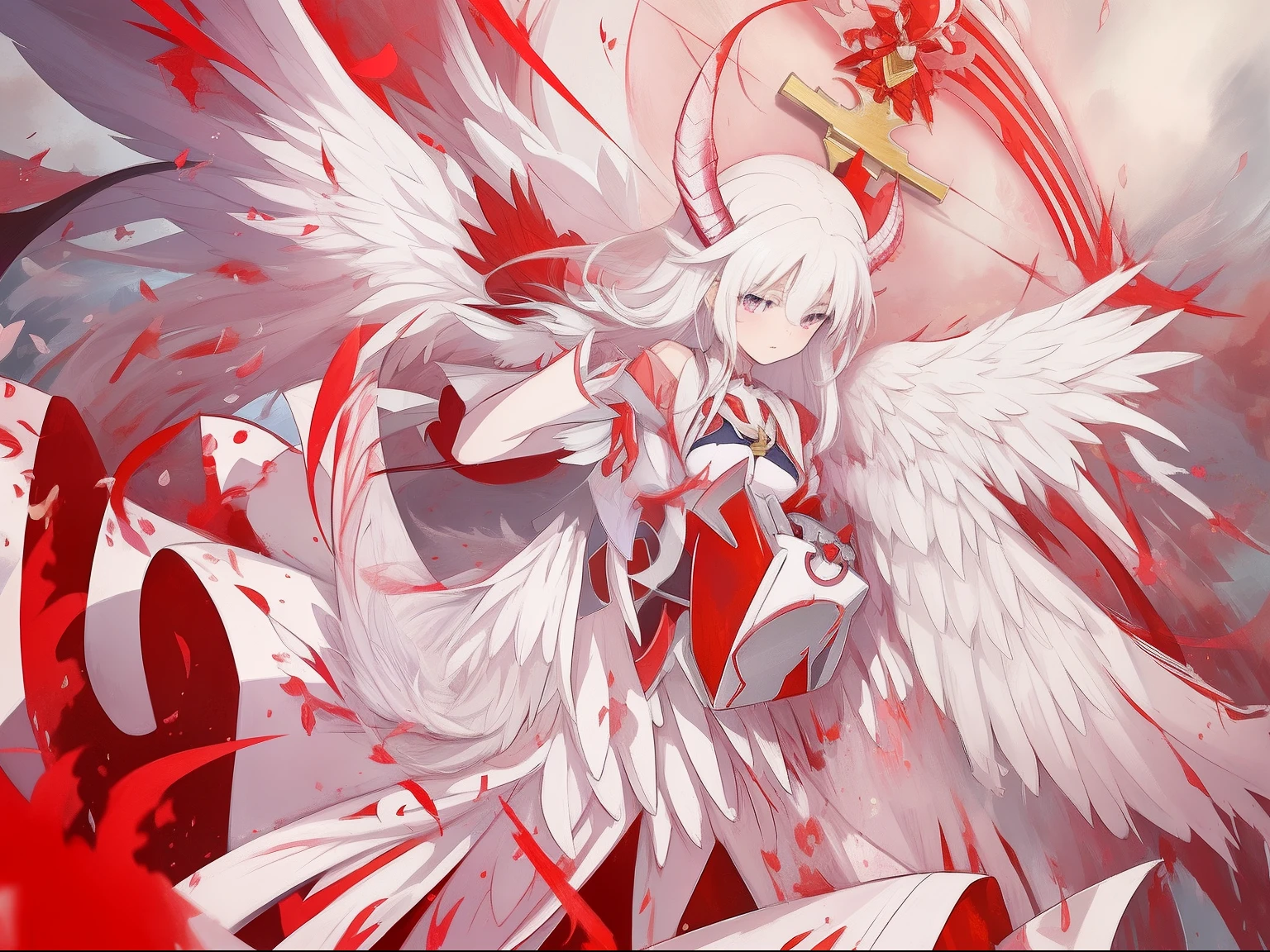 anime, anime girl, angel, red, white, wings, red, red, white, wings, angel, wings, wings, wings, wings, wings, white haired deity, detailed anime art, demon anime girl, detailed key anime art, detailed anime artwork, clean detailed anime art, high definition anime art, digital art on pixiv, anime abstract art