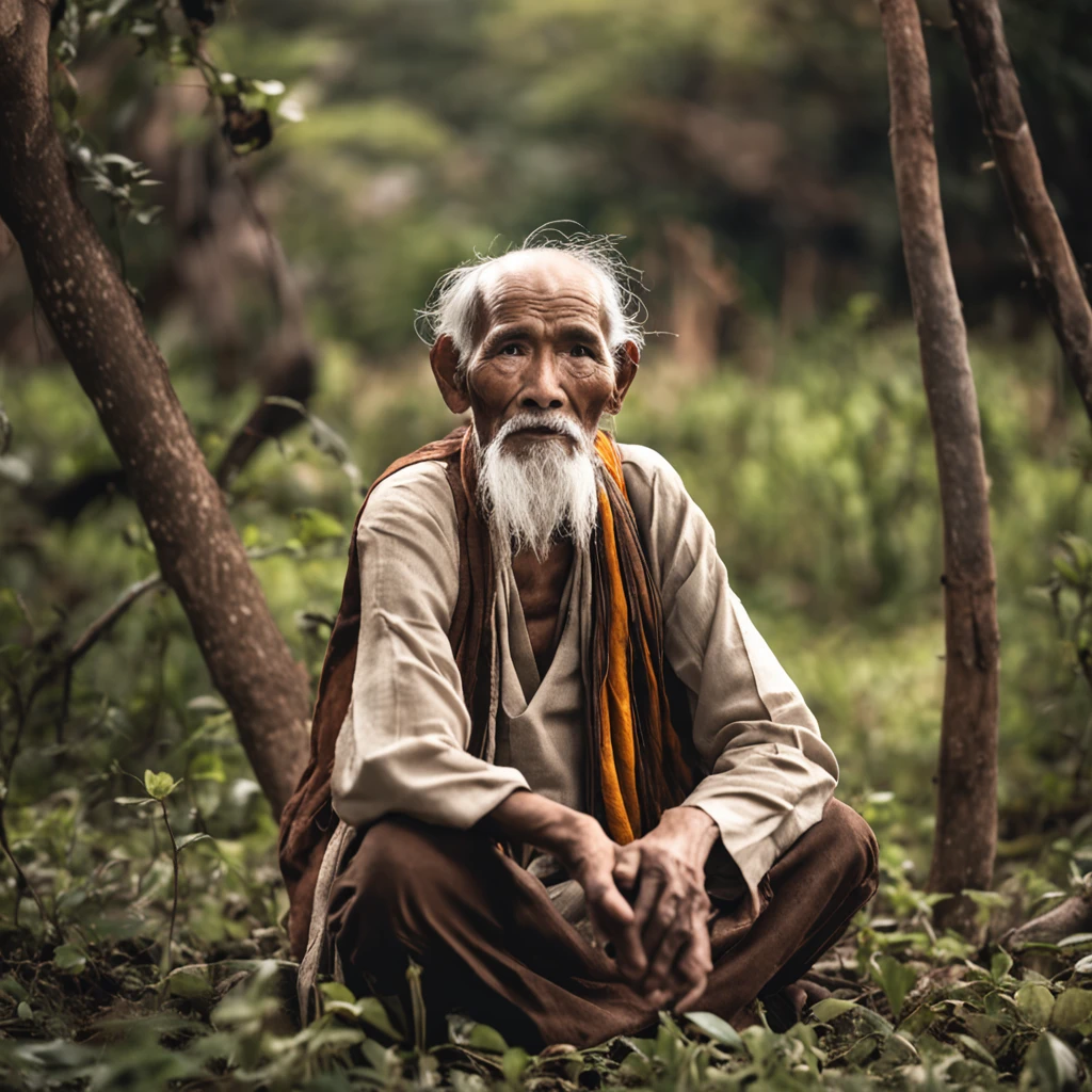 man sitting on a tree trunk in the forest, holy man looking at the ground, wise old man, elderly man, portrait photo, old man, asian man, peaceful expression, portrait shot of an old man, , with head In the Clouds, Wise Old Indian Guru, Unsplash Contest Winning Photo,Ancient, Wise