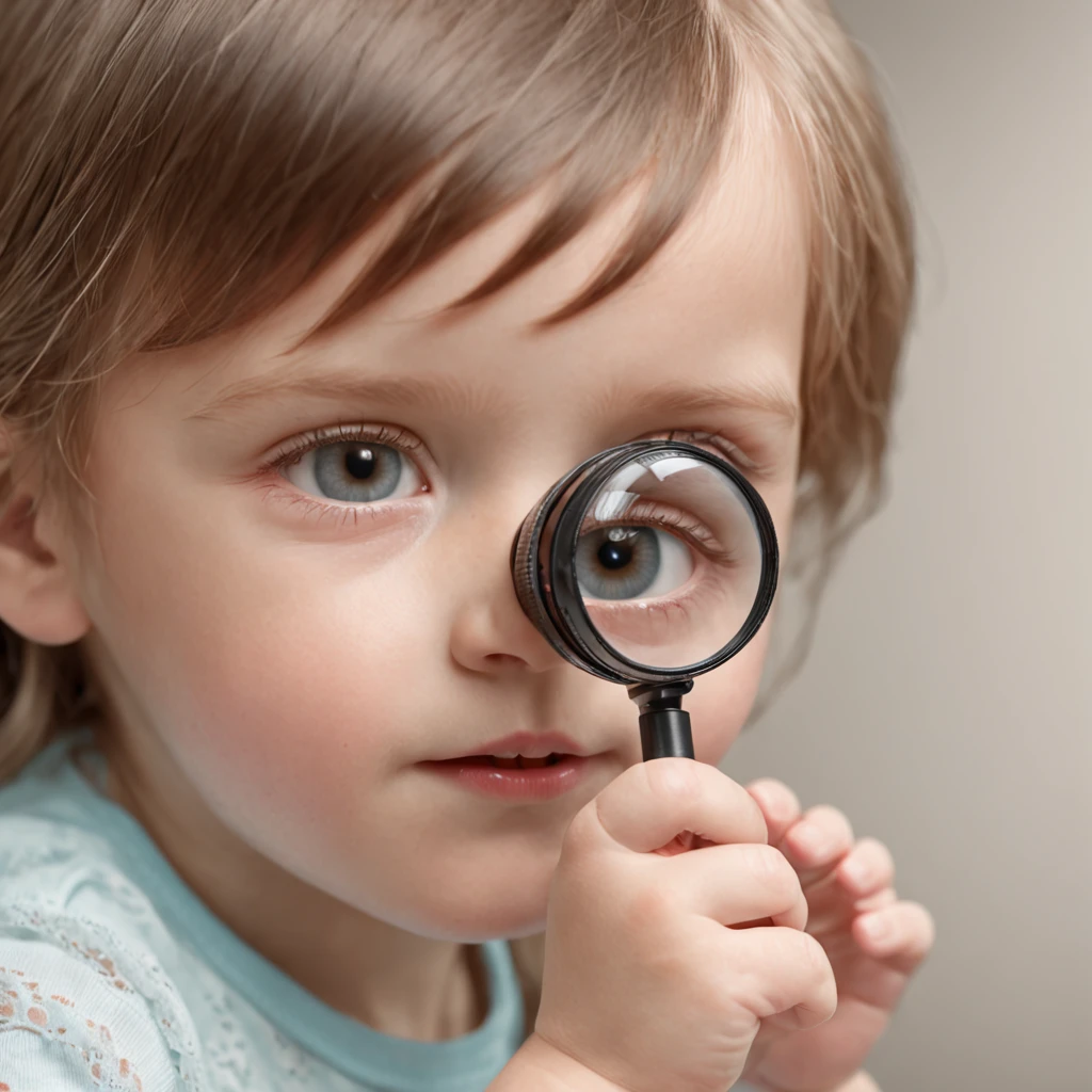 (Professional 3D rendering:1.3) de (Realistic:1.3) A child 5 looking through a magnifying glass, com um brilho de descoberta nos olhos.