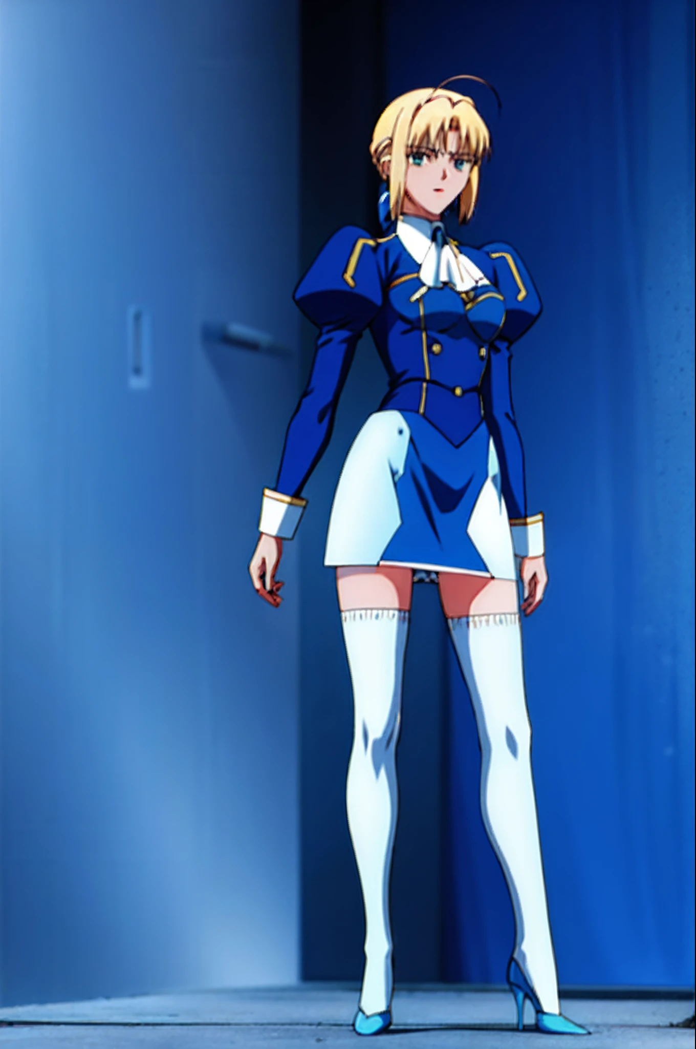 RETRO ARTSTYLE, 1990S (STYLE), (masterpiece:1.4), (best quality:1.4), realistic, 1girl, artoria pendragon \(fate\), blue jacket, juliet sleeves, ascot, blue pencil skirt, white thighhighs, blue high heels, full body