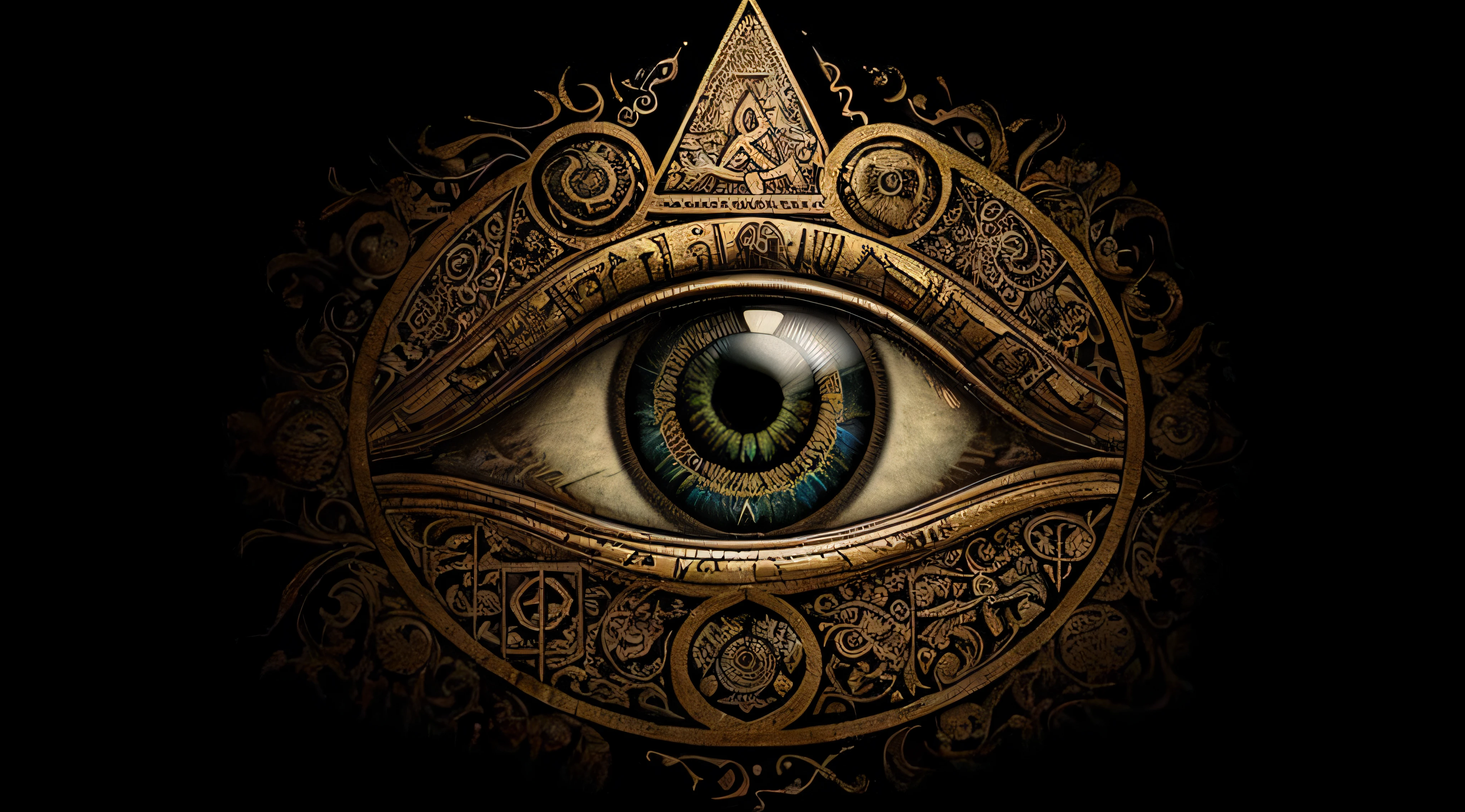 an eye with ornate designs on it, all - seeing eye, all seeing eye, mystic eye, eye of providence, the eye of providence, ( all seeing eye ), illuminati eye, giant eye magic spell, mystical third eye, 3rd eye, eye of horus, third eye, third - eye visions, opening third eye, the eye of god rah, ultra detailed 4k resolution